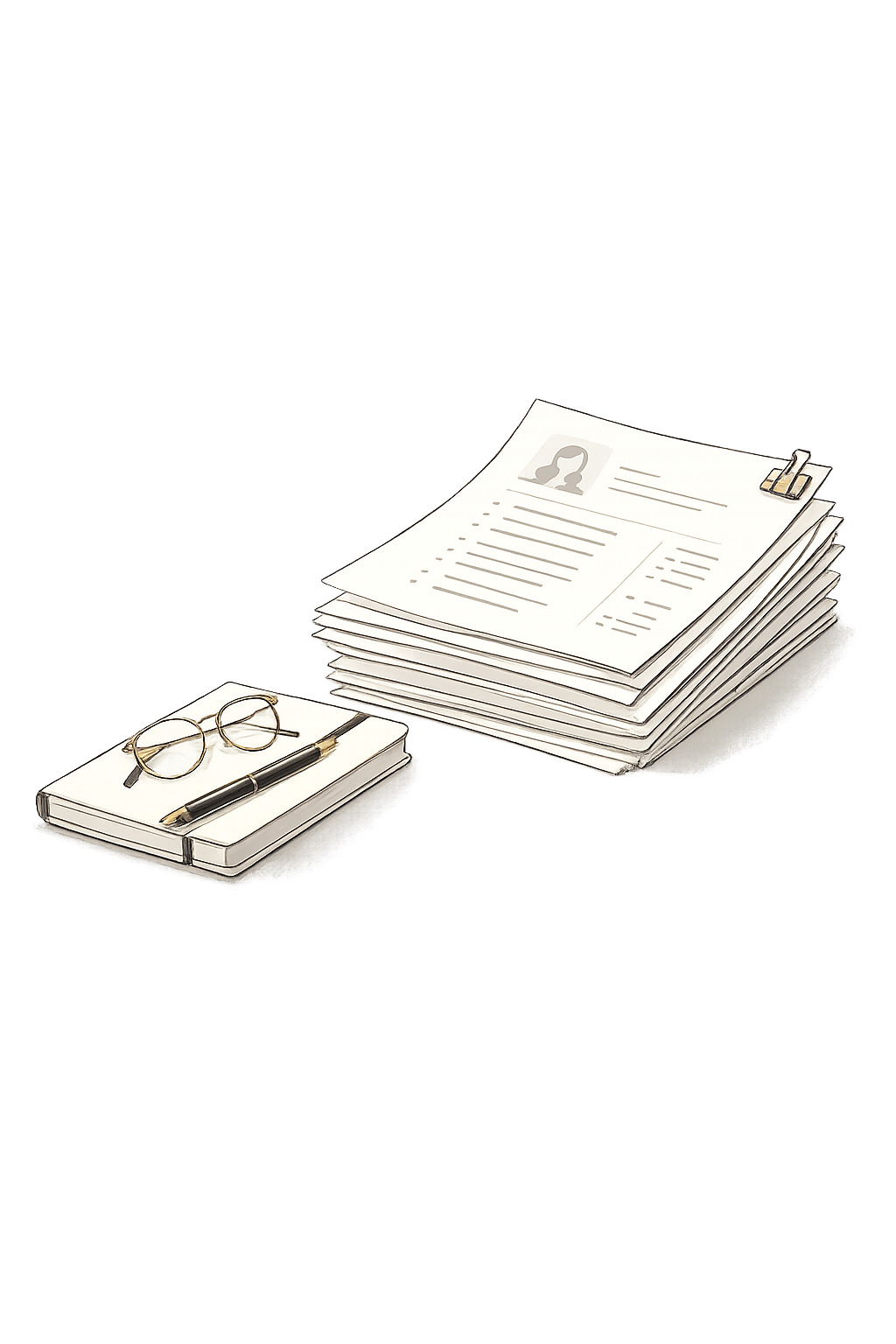 Stack of documents, glasses and a pen on a closed notebook, with a dark stage or concert hall background.