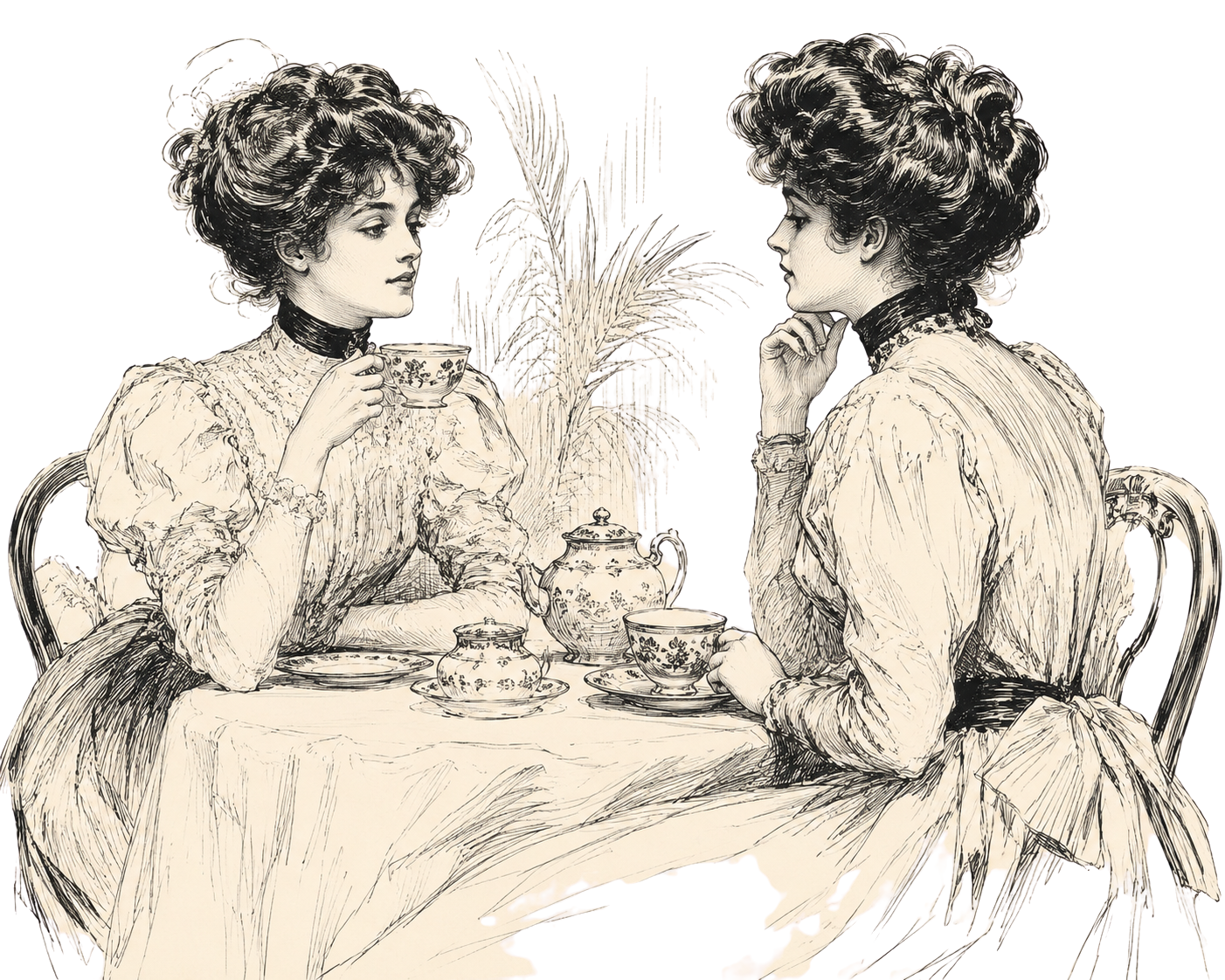 Drawing of two women in vintage clothing sitting at a table having a tea, with teapots and cups, indoors with plants in the background.