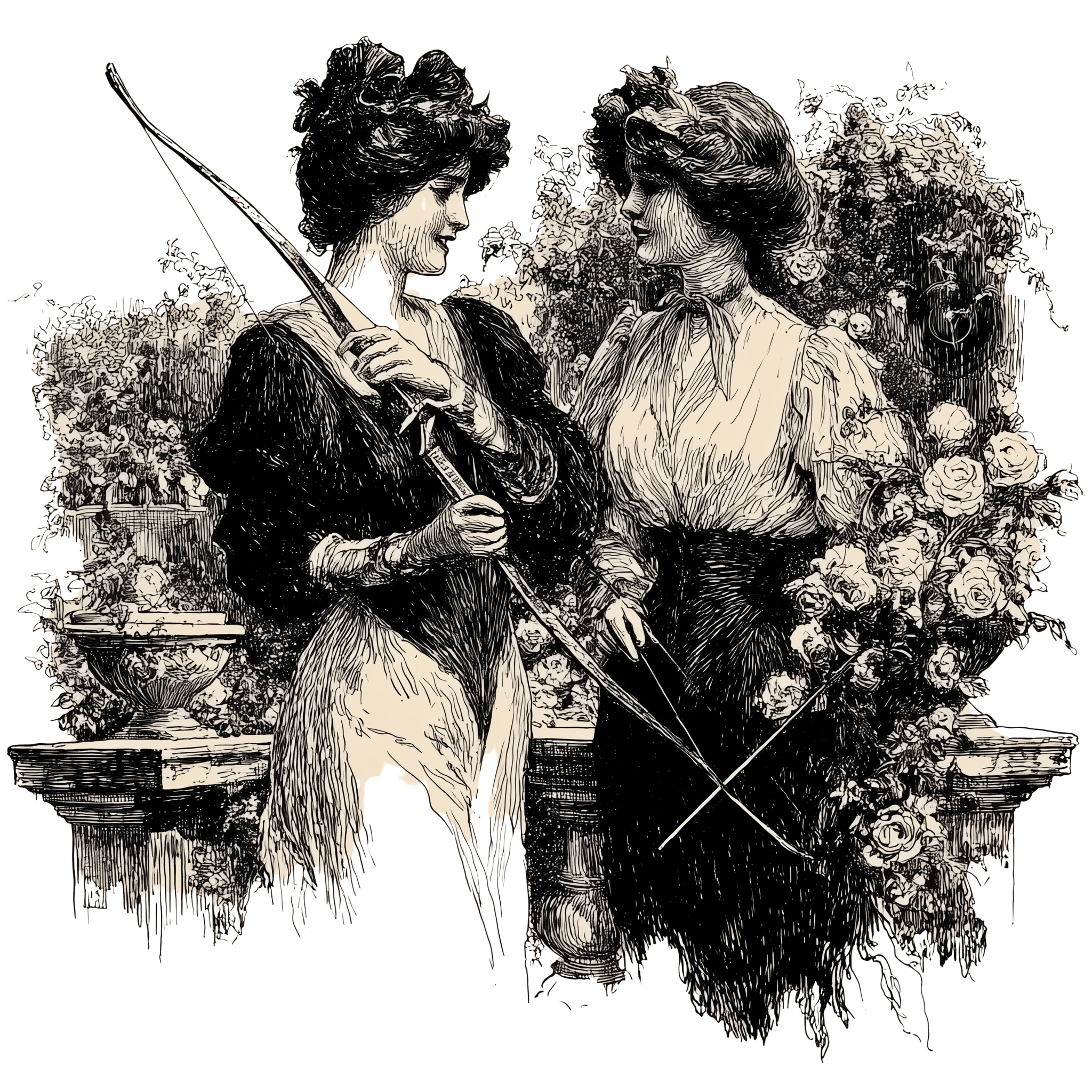 A vintage black and white illustration of two women in a garden. One woman is holding and wearing a dark dress with a high collar, while the other woman is smiling, wearing a dress with puffed sleeves and large hoop earrings. They are surrounded by lush flowers and plants.