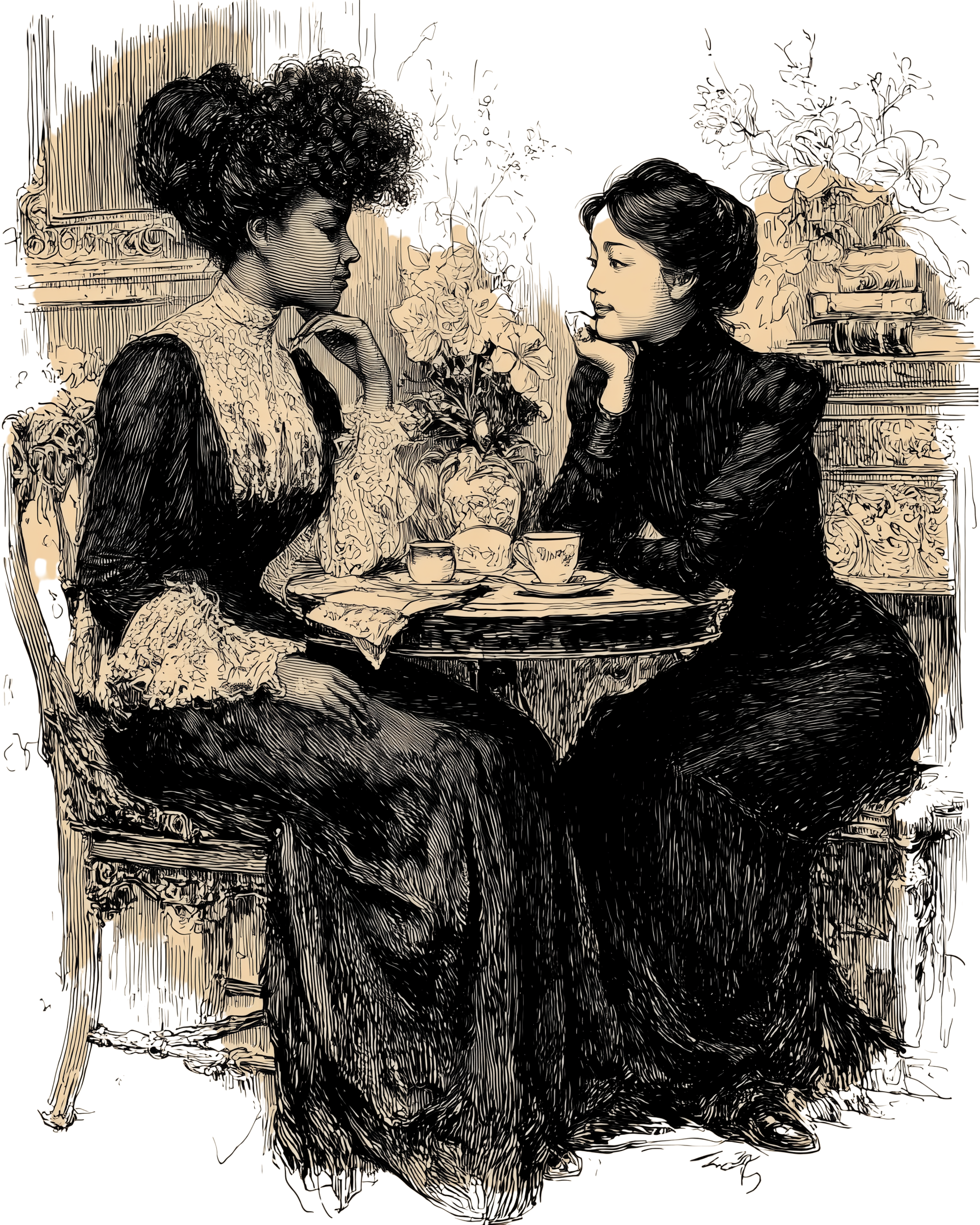 Two women sitting at a table having a conversation surrounded by flowers and plants in a room.