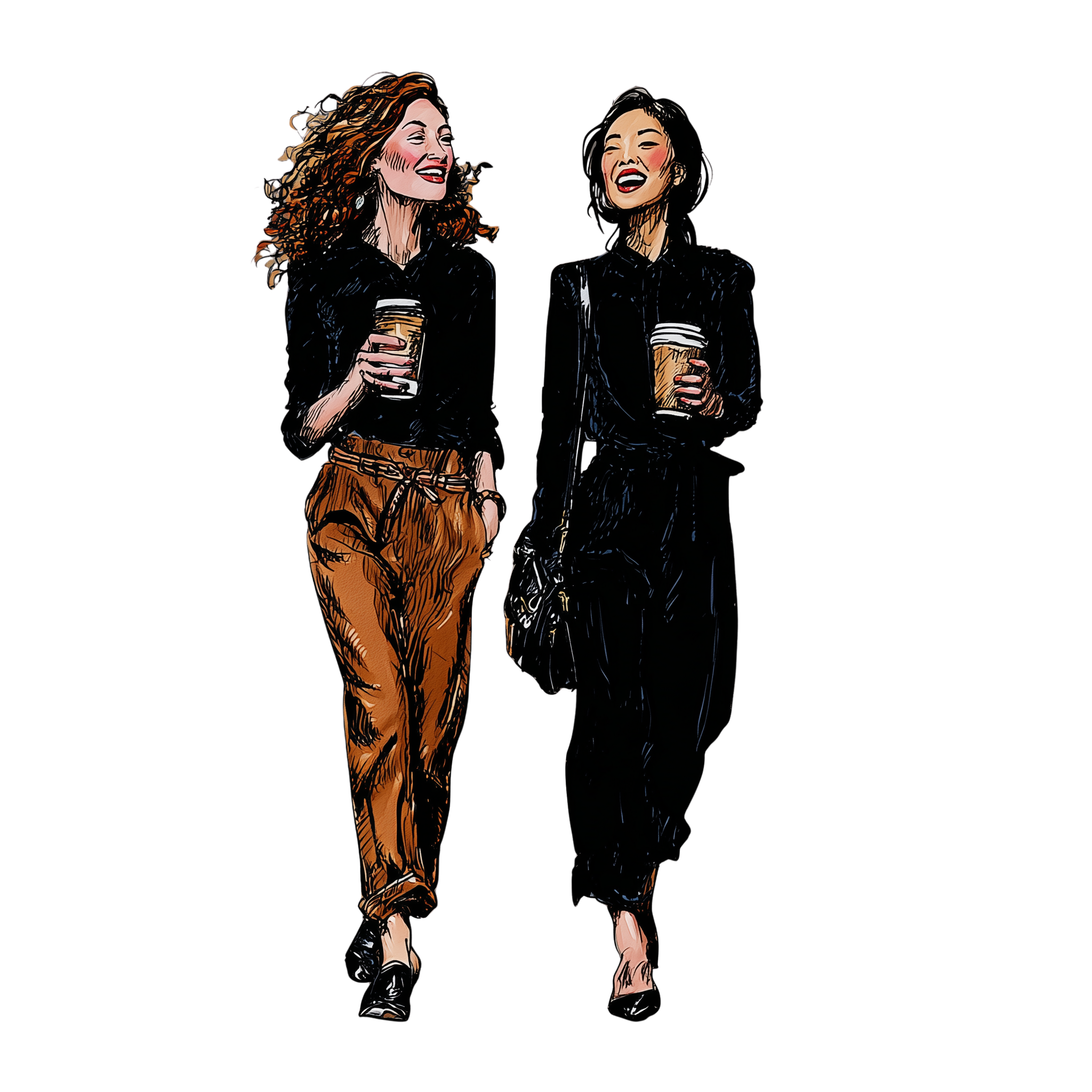 Two women standing close together, holding coffee cups and laughing. A symbol of friendship.