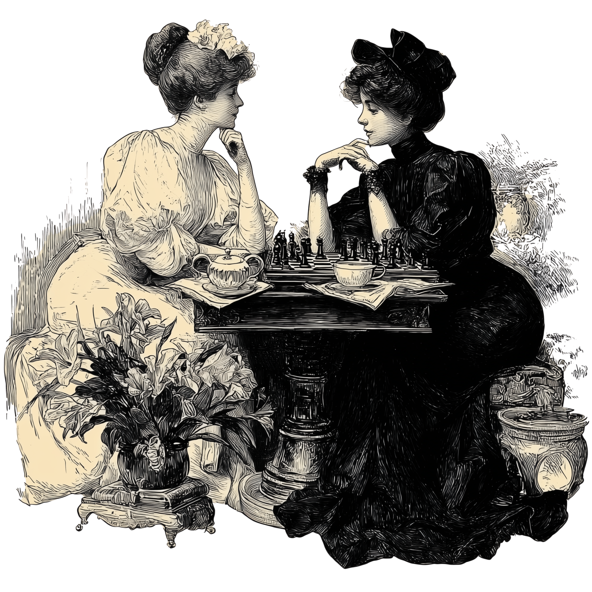 Drawing of two women sitting at a table, facing each other, engaged in a chess game. One woman is dressed in light-colored clothing, and the other in dark-colored clothing with a hat. There is a tea set and a plant on the table.