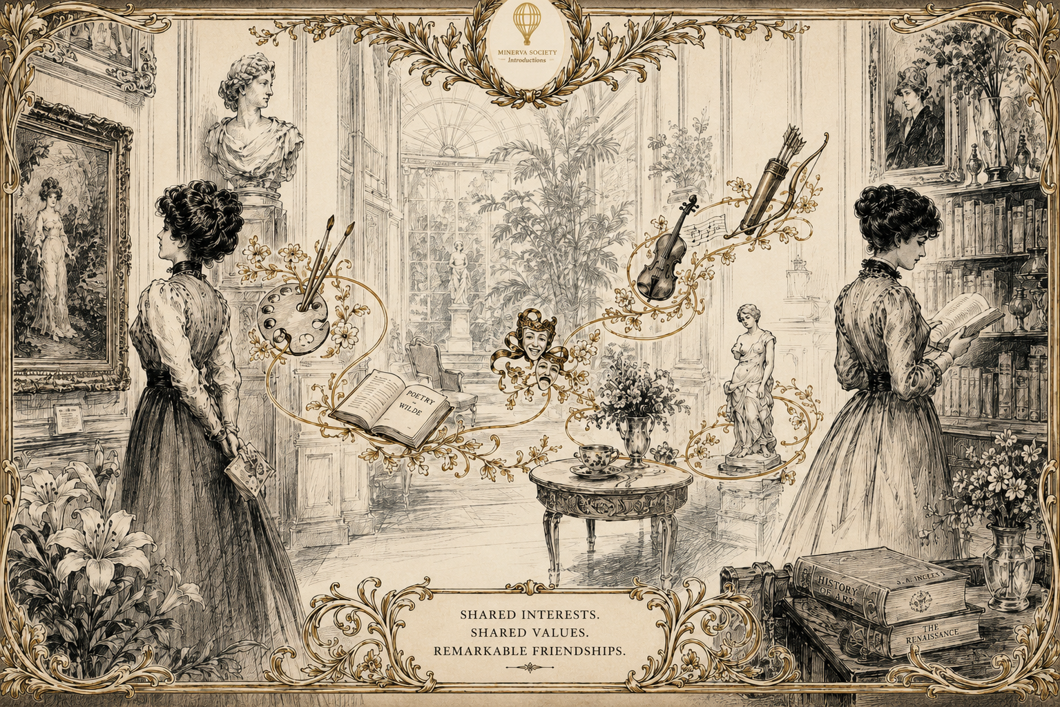 An ornate illustration of a Victorian-style art gallery with two women examining artwork. The scene includes sculptures, framed paintings, books, and decorative elements. Overlaid delightfully swirling artistic icons include a palette, musical instruments, theatrical masks, and a poem titled 'Poetry Wilde.' The bottom has a quote: 'Shared interests. Shared values. Remarkable friendships.'