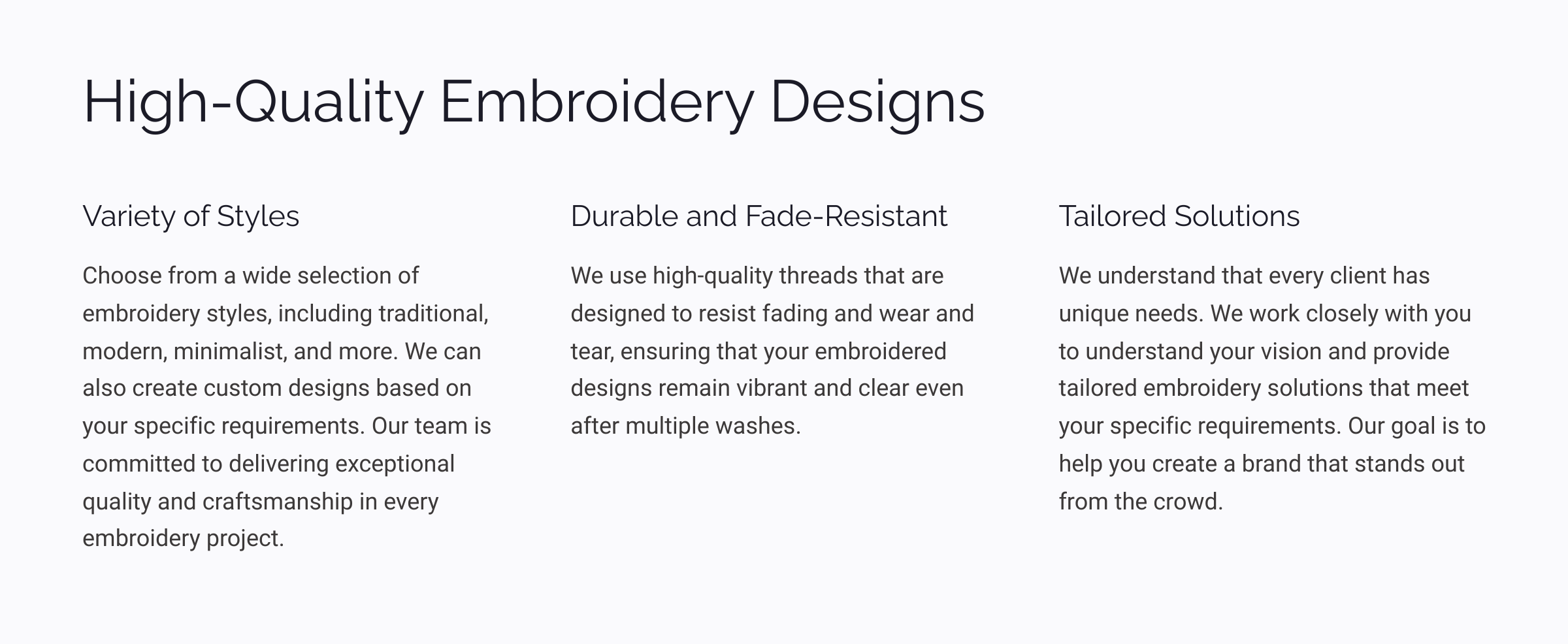 Text description of high-quality embroidery designs highlighting a variety of styles, durability, and tailored solutions for embroidery projects.