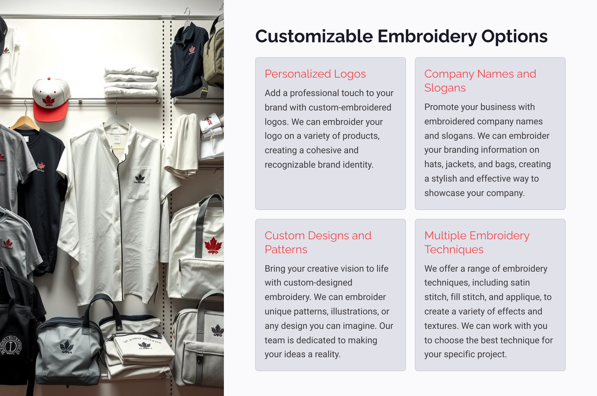 Display of customizable embroidered products including shirts, hats, and bags with informational text about embroidery options, such as personalized logos, company slogans, custom designs, and techniques.