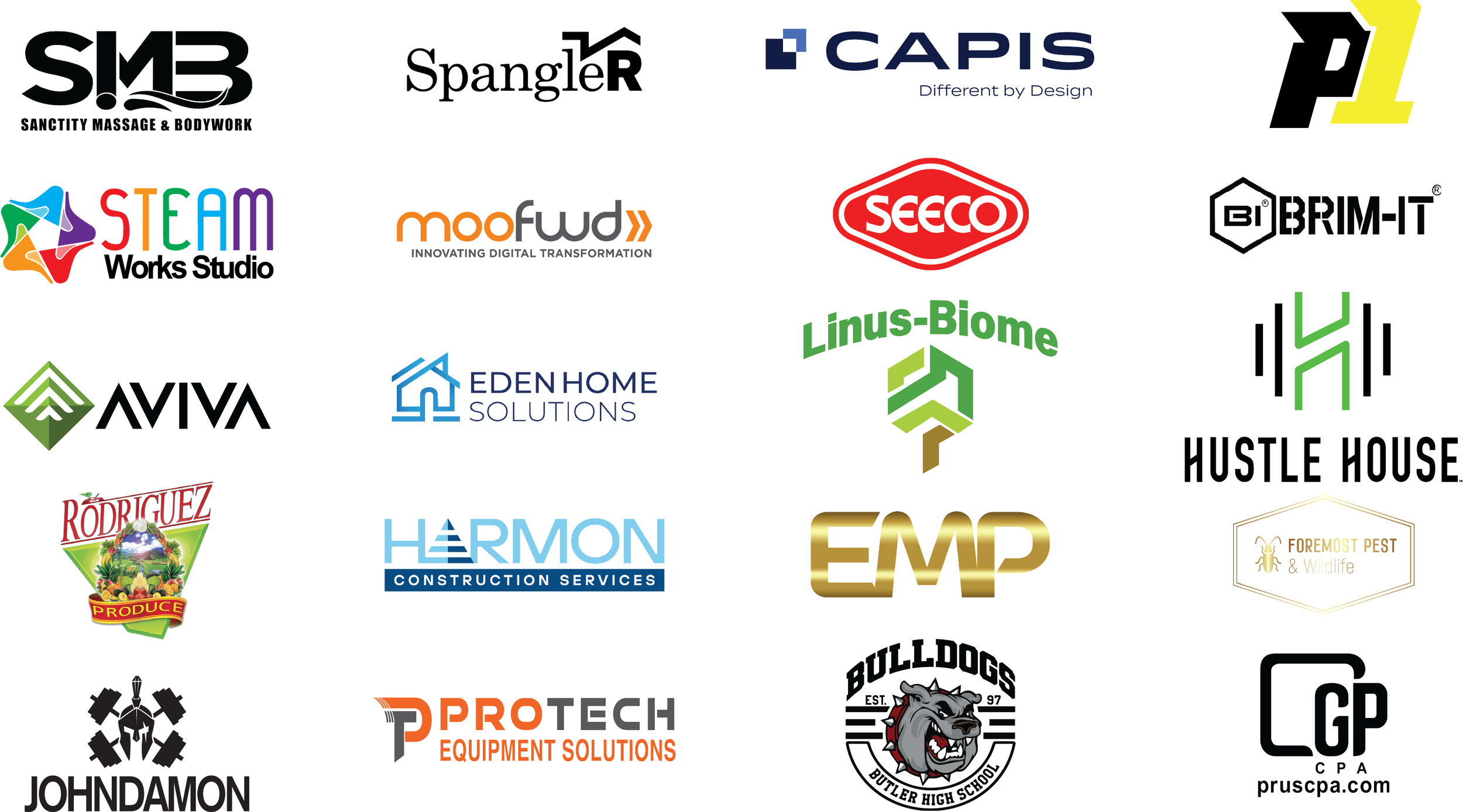 A collage of 20 different business logos with names including Sanctity Massage & Bodywork, Spangler, CAPIS, P1, STEAM Works Studio, moofwd, SEECO, BRIM-IT, AVIVA, Eden Home Solutions, Linus-Biome, Hustle House, Rodriguez Produce, Harmon Construction Services, EMP, Foremost Pest & Wildlife, JOHNDAMON, ProTech Equipment Solutions, Bulldogs Butler High School, and GP CPA.