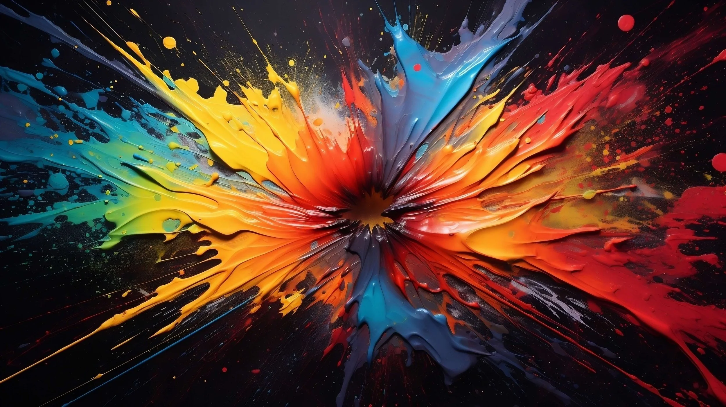 Abstract colorful paint splash explosion with blue, yellow, red, and orange hues on a black background.