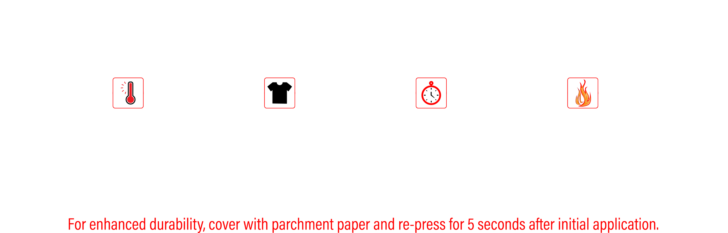 Steps for heat transfer application on garments: 1. Heat press setup (325°F), 2. Position transfer on garment, 3. Press for 5 seconds, 4. Hot peel. Additional instructions: cover with parchment paper and repress for 5 seconds.