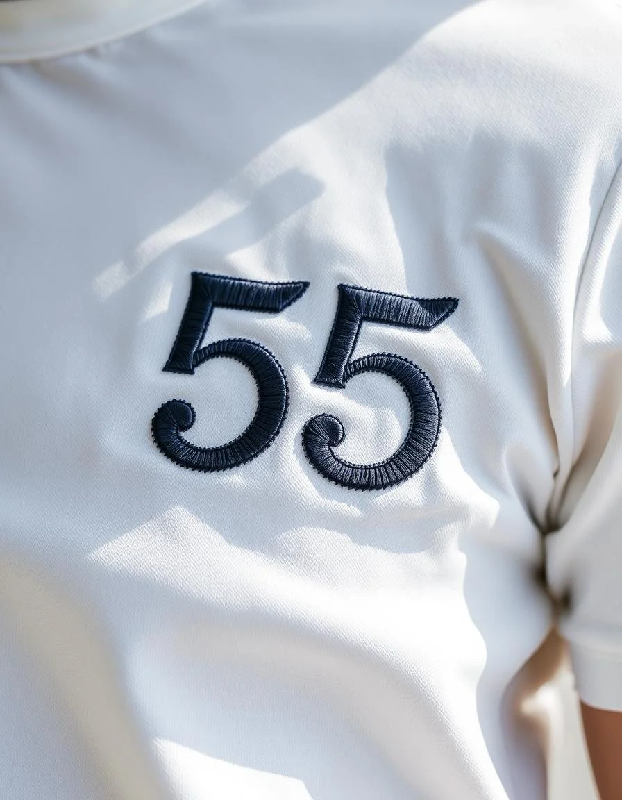 Close-up of a white shirt with the number 55 embroidered in dark thread on the chest.