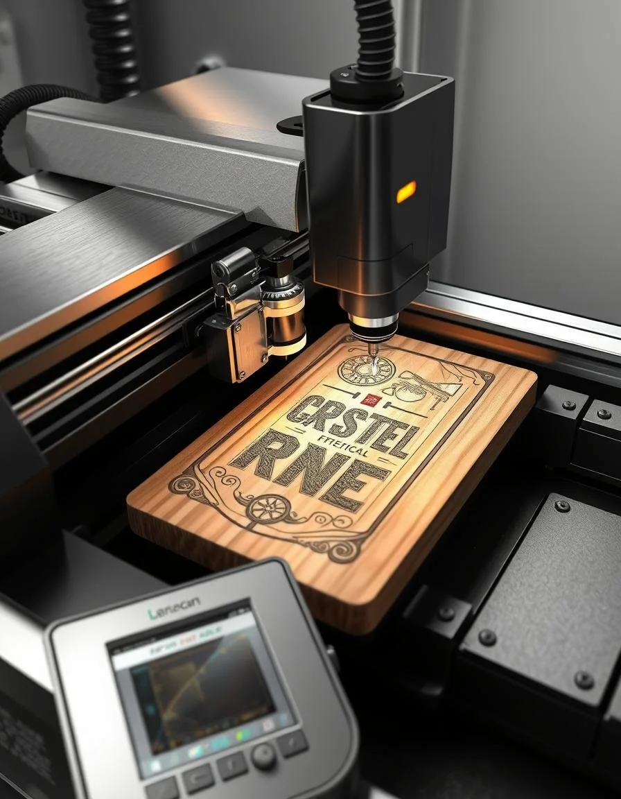 CNC laser engraving machine etching design on wooden board