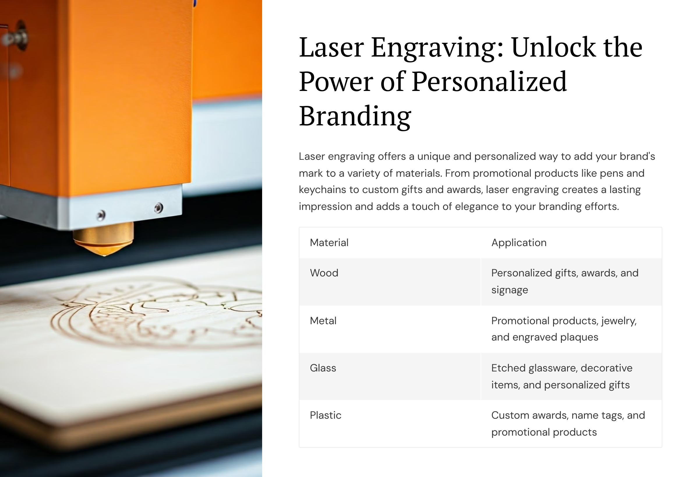 Laser engraving machine in action with text about personalized branding. Chart lists materials like wood, metal, glass, and plastic with respective applications for gifts, awards, and signage.