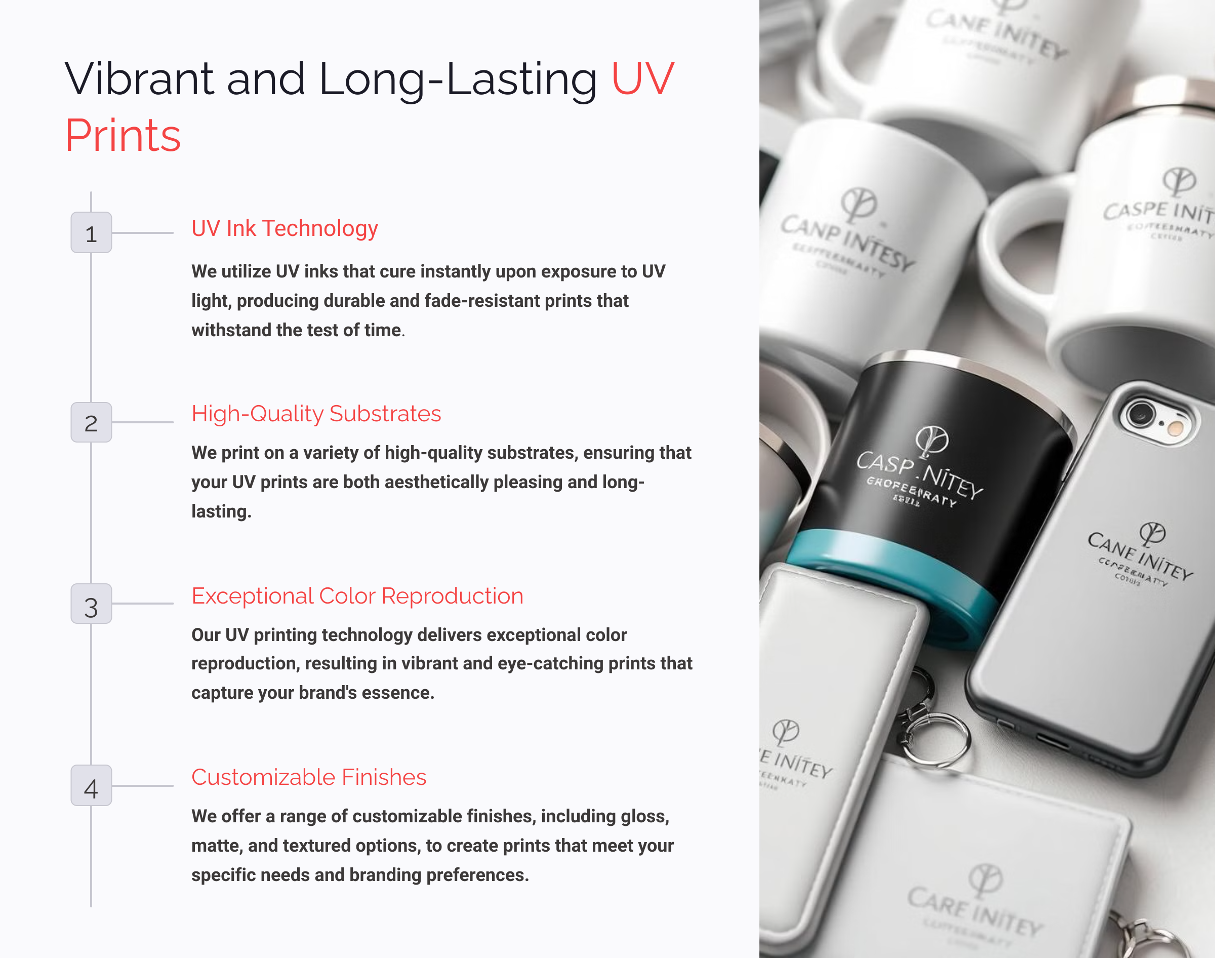 Infographic on UV printing technology highlighting four benefits: UV ink technology for durability, high-quality substrates for aesthetics, exceptional color reproduction, and customizable finishes. Image includes branded items like mugs, containers, and phone cases.