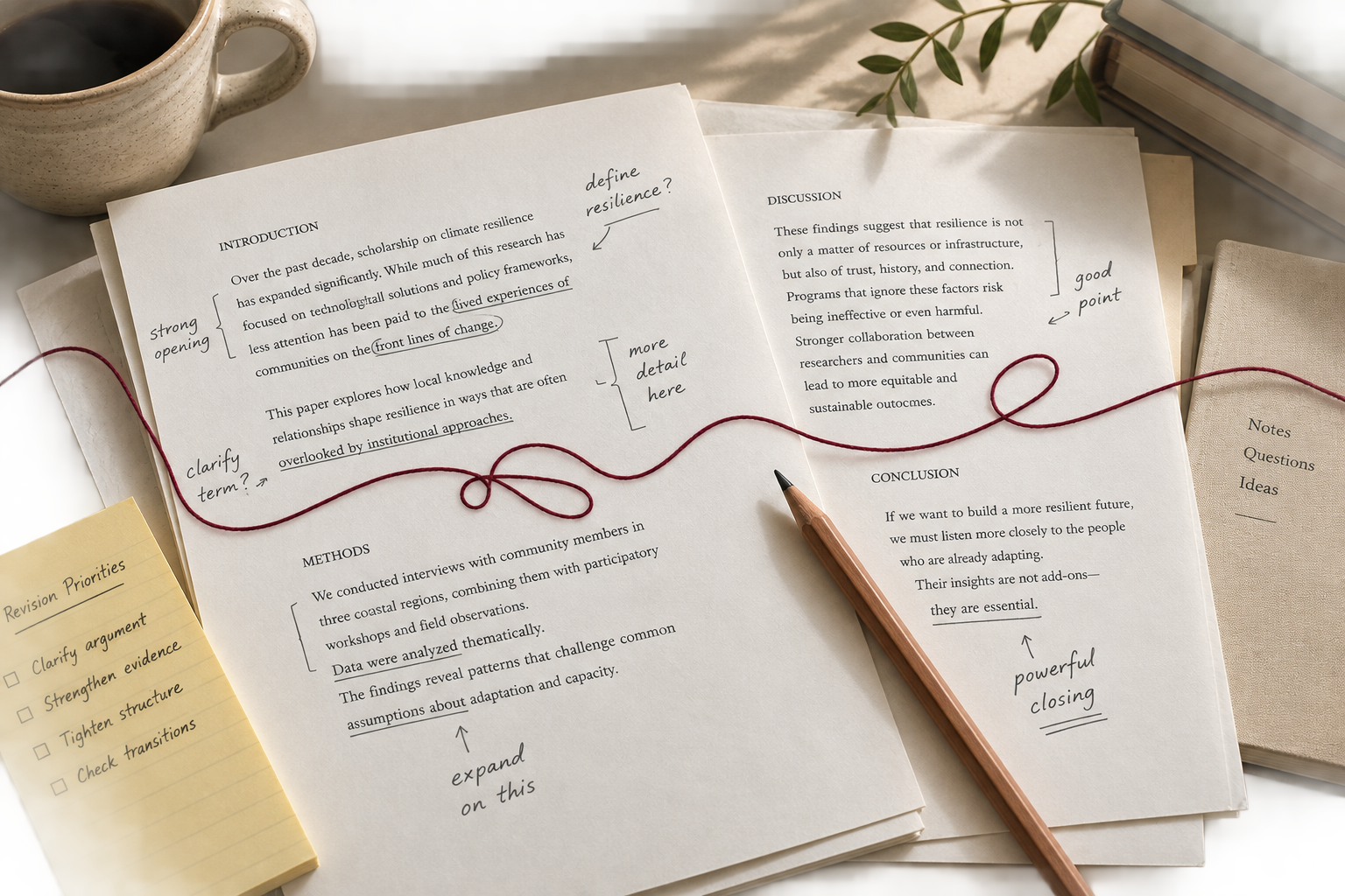 Manuscript editing workspace with annotated pages and editorial notes