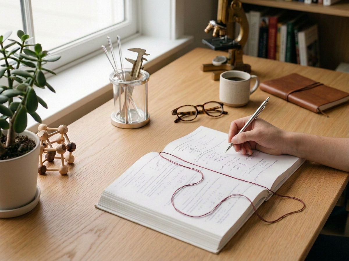 Medical and scientific writing workspace with research papers and editorial notes