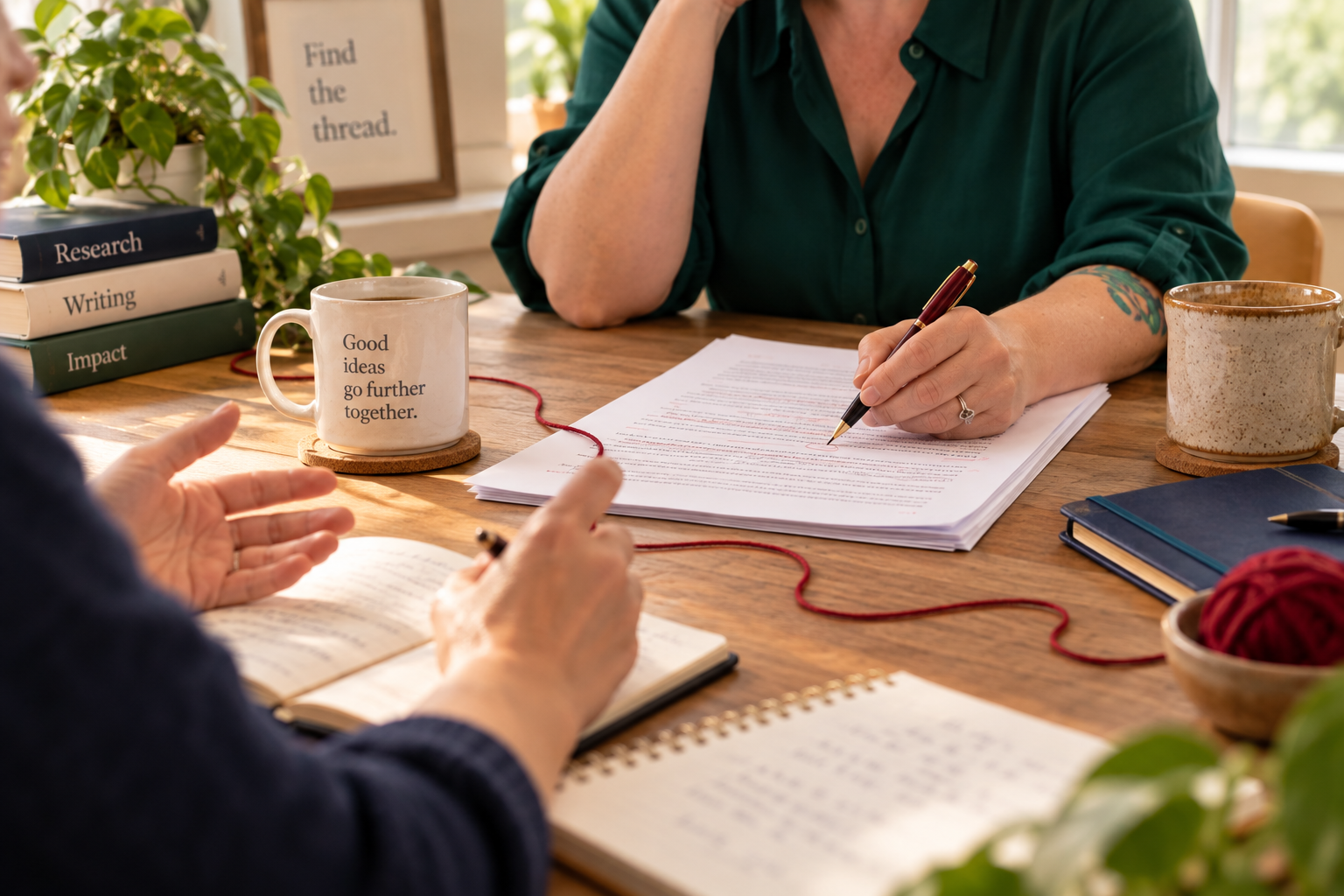 Writer and client collaborating on an edited manuscript