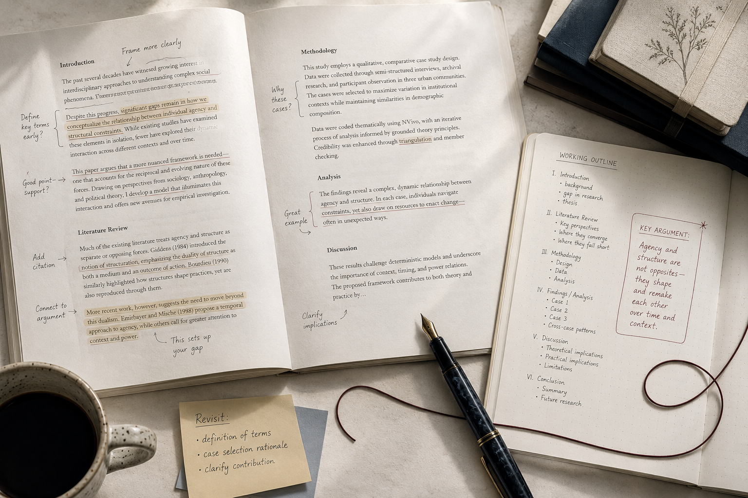 Academic writing workspace with research, notes, and writing materials