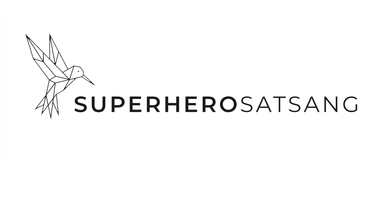Logo with a geometric outline of a hummingbird and the words "SUPERHERO SATSANG" in black text