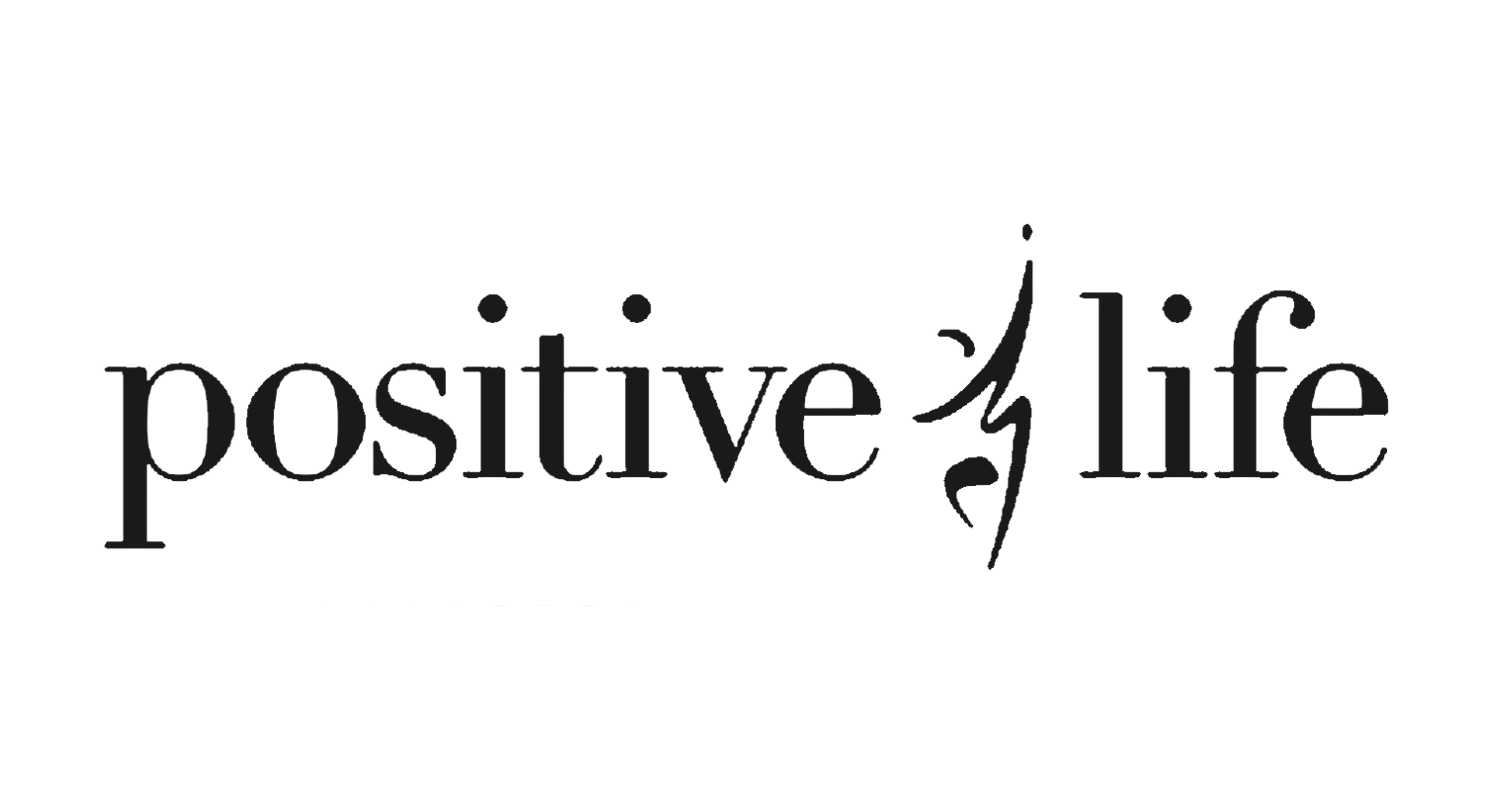 Black and white graphic with the words 'positive life' and decorative elements.