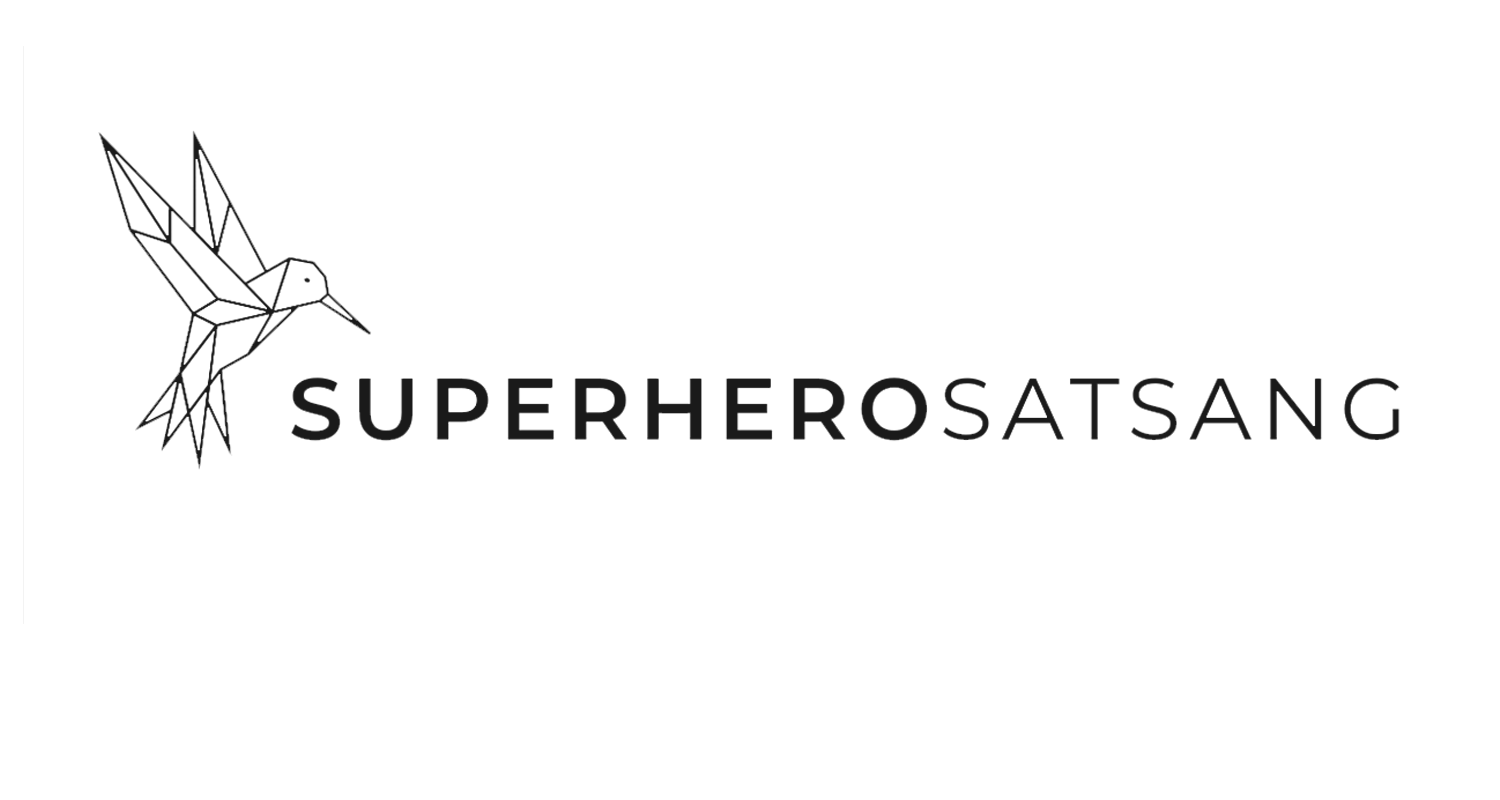 Logo with a geometric hummingbird illustration and the text "Superhero Satsang" in black.