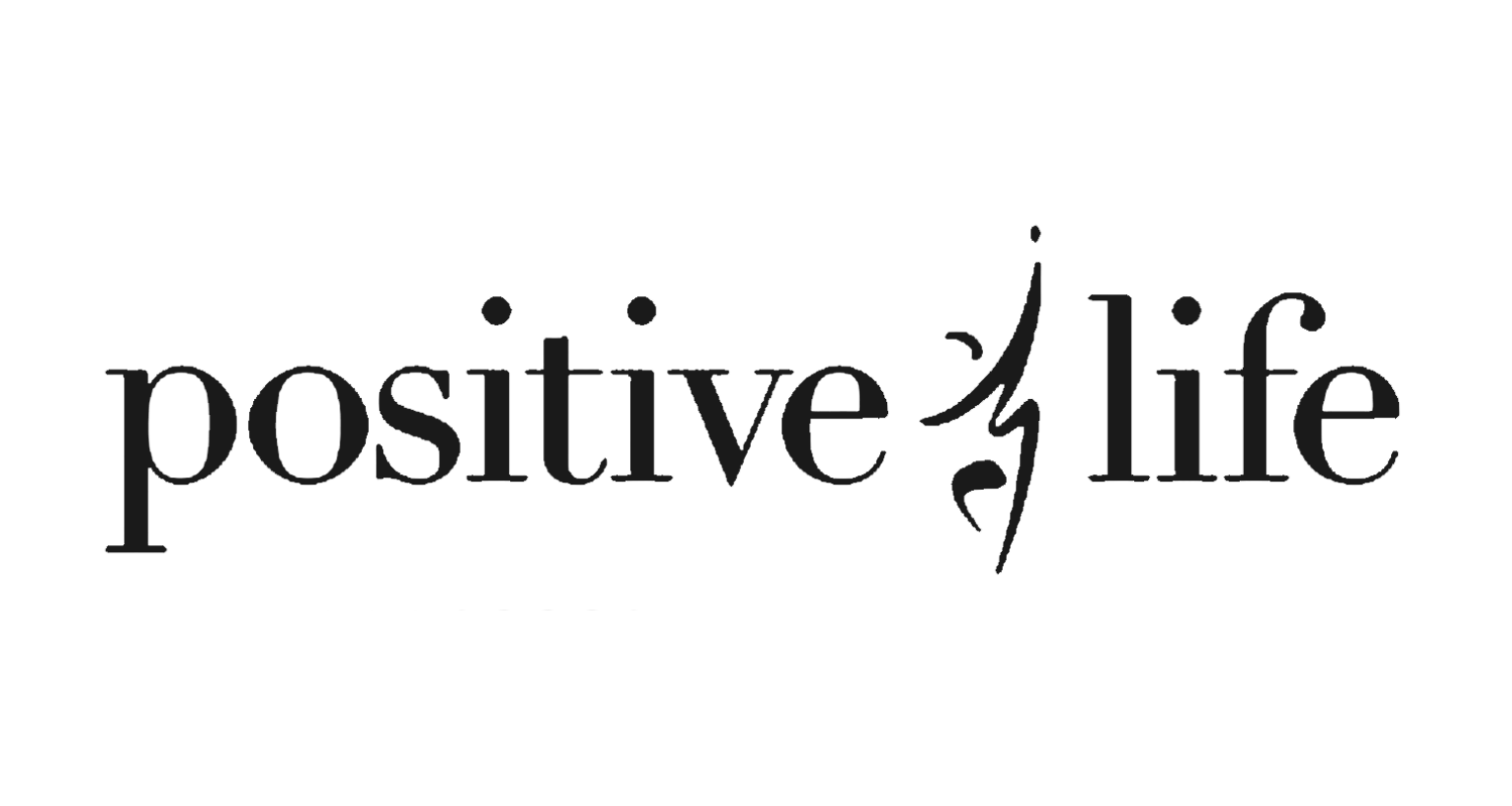 Image with a black background and the word 'positive' in large gray letters. The word [life] is split with 'po' and 'si' above the 'tive' and 'life', and a stylized parantheses symbol with arrow-like ends connects the 'tive' and 'life' parts of the t