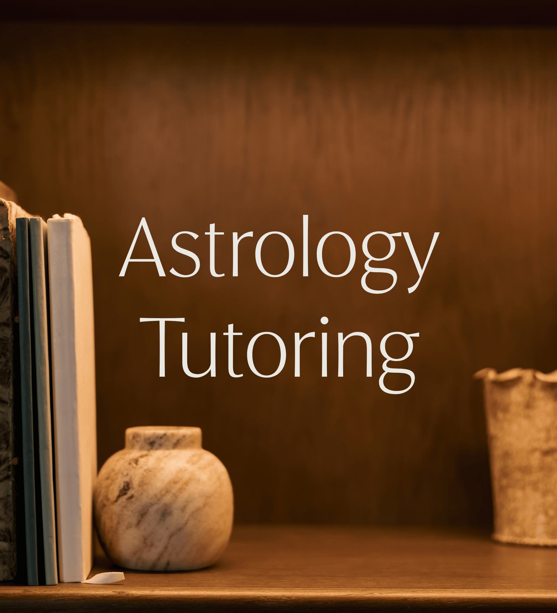 A bookshelf with mythology books and a marble-like stone sculpture, with a brown background and white text. Text reads 'Astrology Tutoring'.
