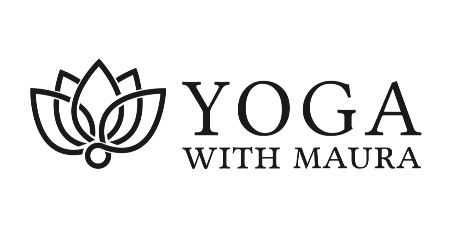 Logo for Yoga with Maura featuring a stylized lotus flower and text.