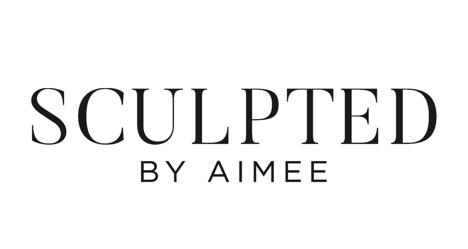 Logo for 'Sculpted by Aimee' featuring a stylized profile of a female figure's face with a flower in her hair.