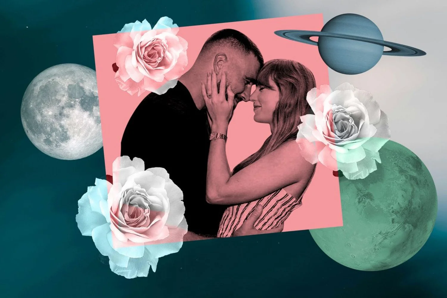 visual representation of astro mythology in Taylor Swift and Travis Kelce's relationship using planetary symbolism and archetypes