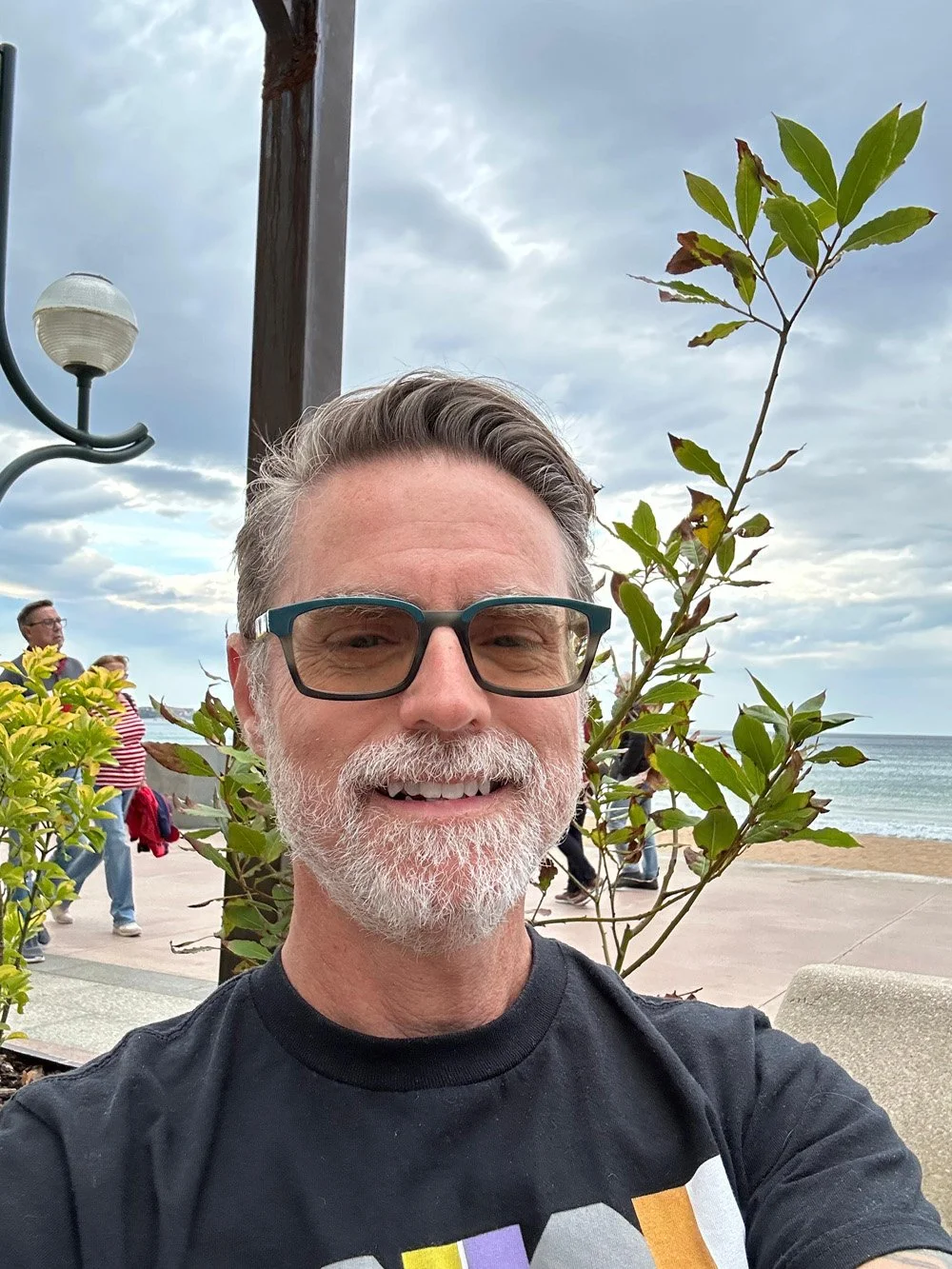 A smiling man with glasses and a beard taking a selfie at the beach, with a pole, a tree, and people walking along the paved promenade, and the ocean in the background.