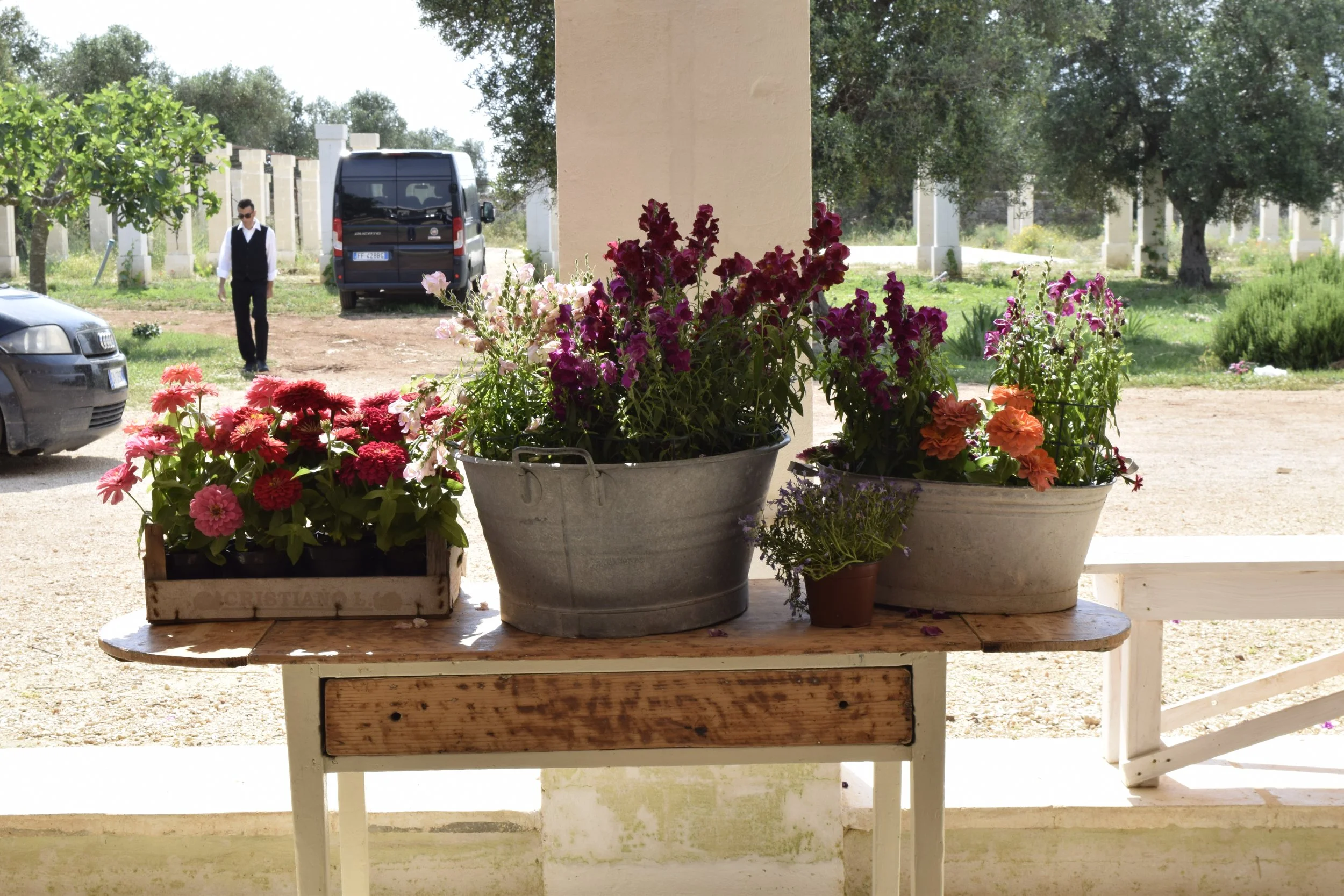 Flower pots with colorful flowers on a wooden table.