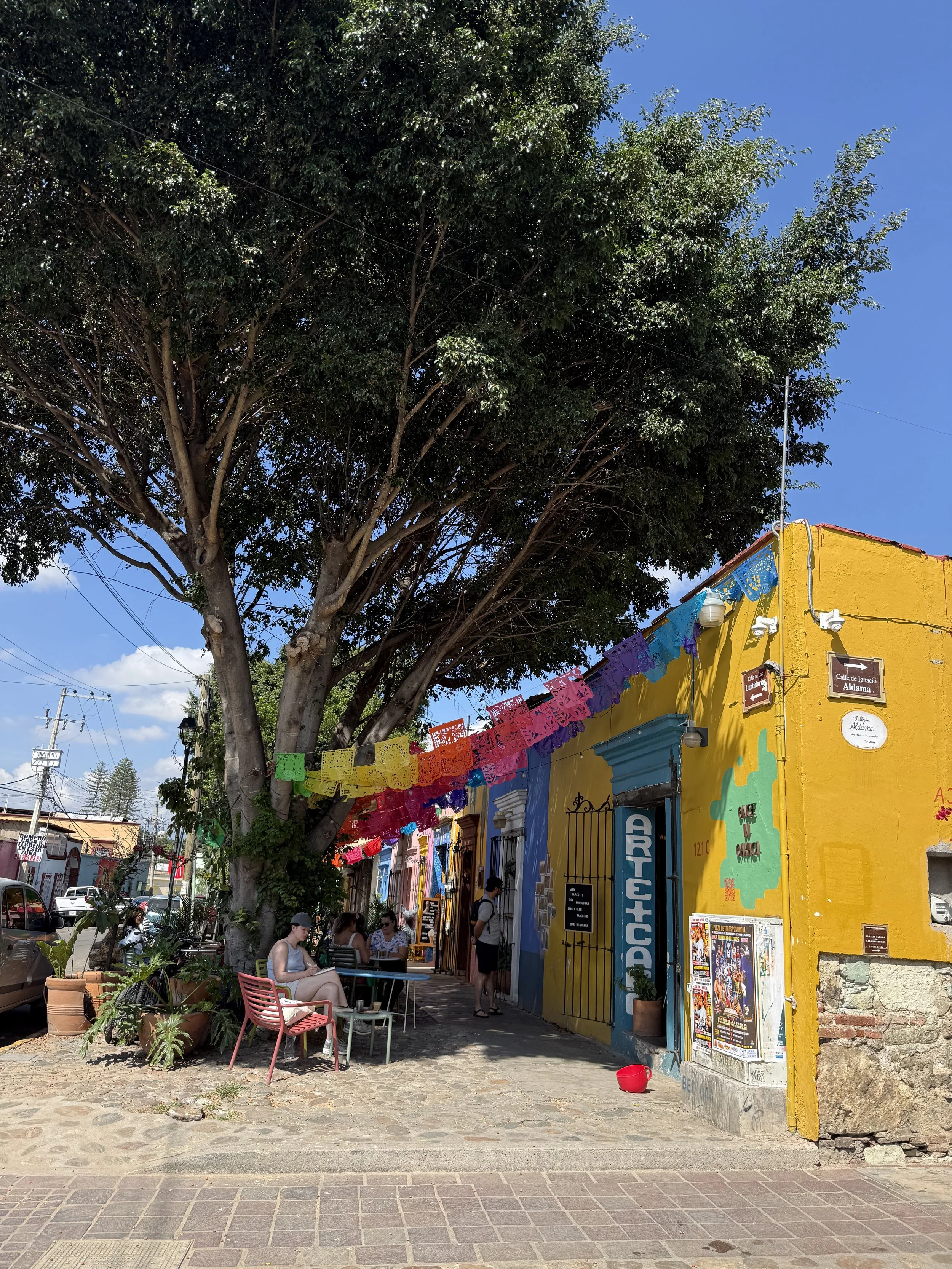 Colorful street scene with a large tree, painted buildings, and people sitting at outdoor tables.