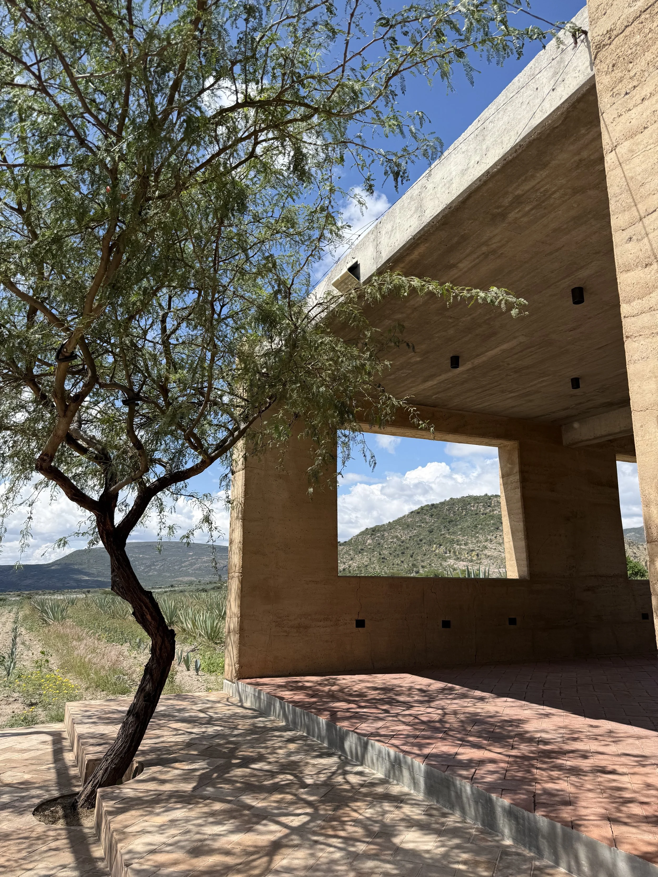 A modern building with a large square opening, surrounded by a tree casting shadows on the tiled ground, with hills and a blue sky with clouds in the background.