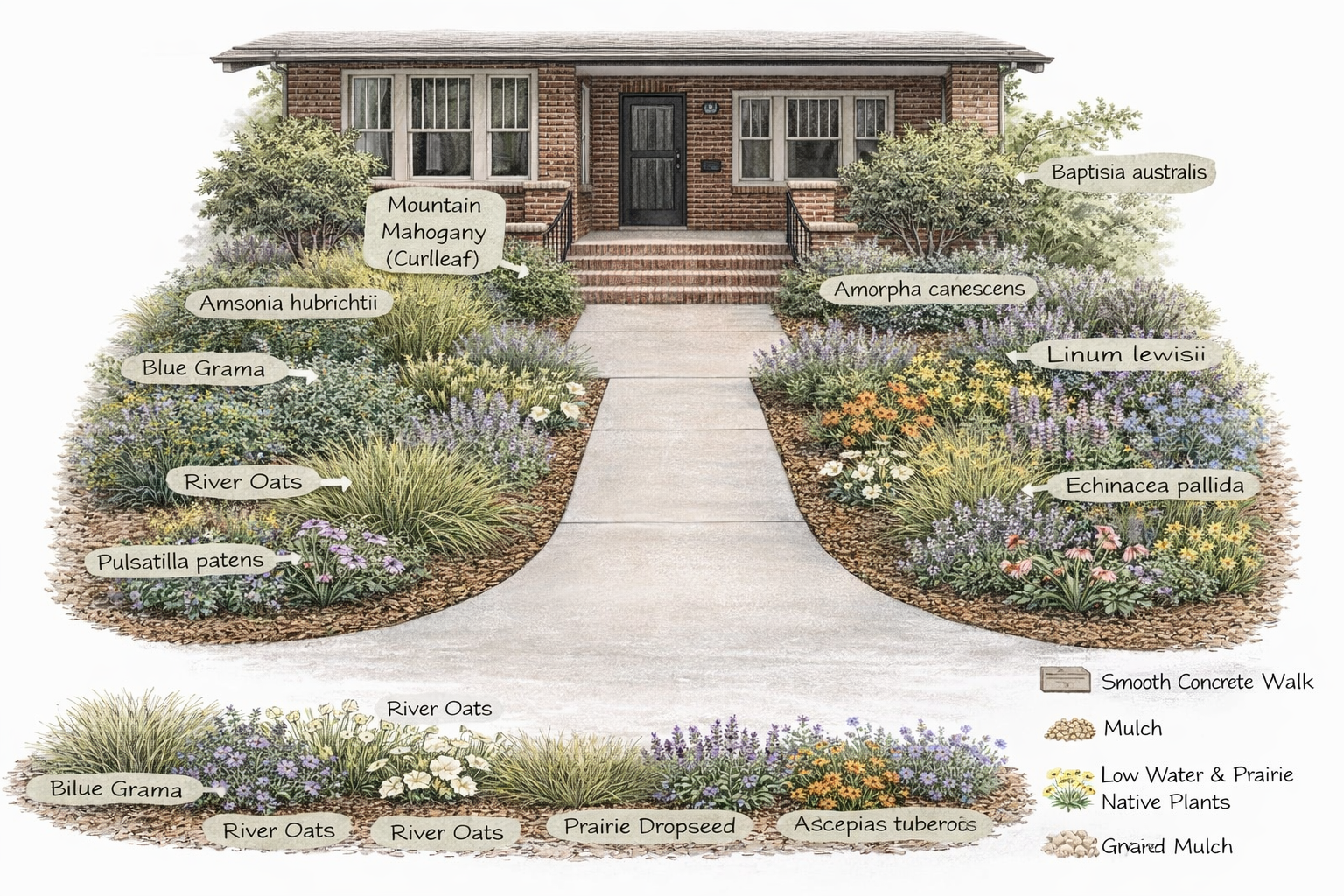 A landscaped front yard garden with labeled native plants, mulch, smooth concrete walk, and a brick house in the background.