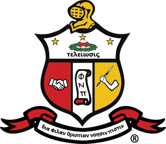 A shield crest with a knight's helmet on top, divided into three sections with a handshake, a diploma and a wrench, and a part of a red ribbon with Greek text below.