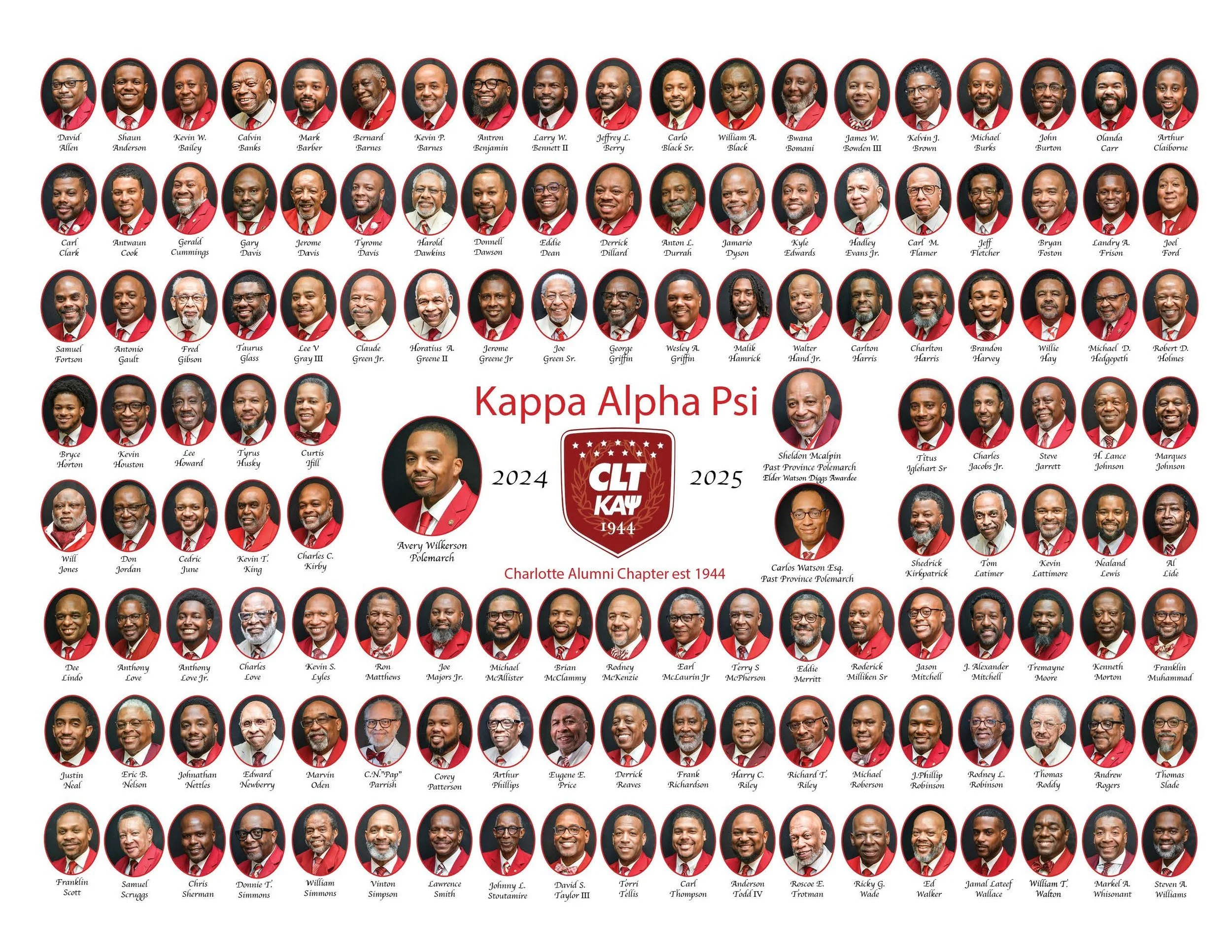 Group photo of men dressed in red blazers, with names and titles listed below, associated with the Charlotte Alumni Chapter of Kappa Alpha Psi, in 2024-2025.
