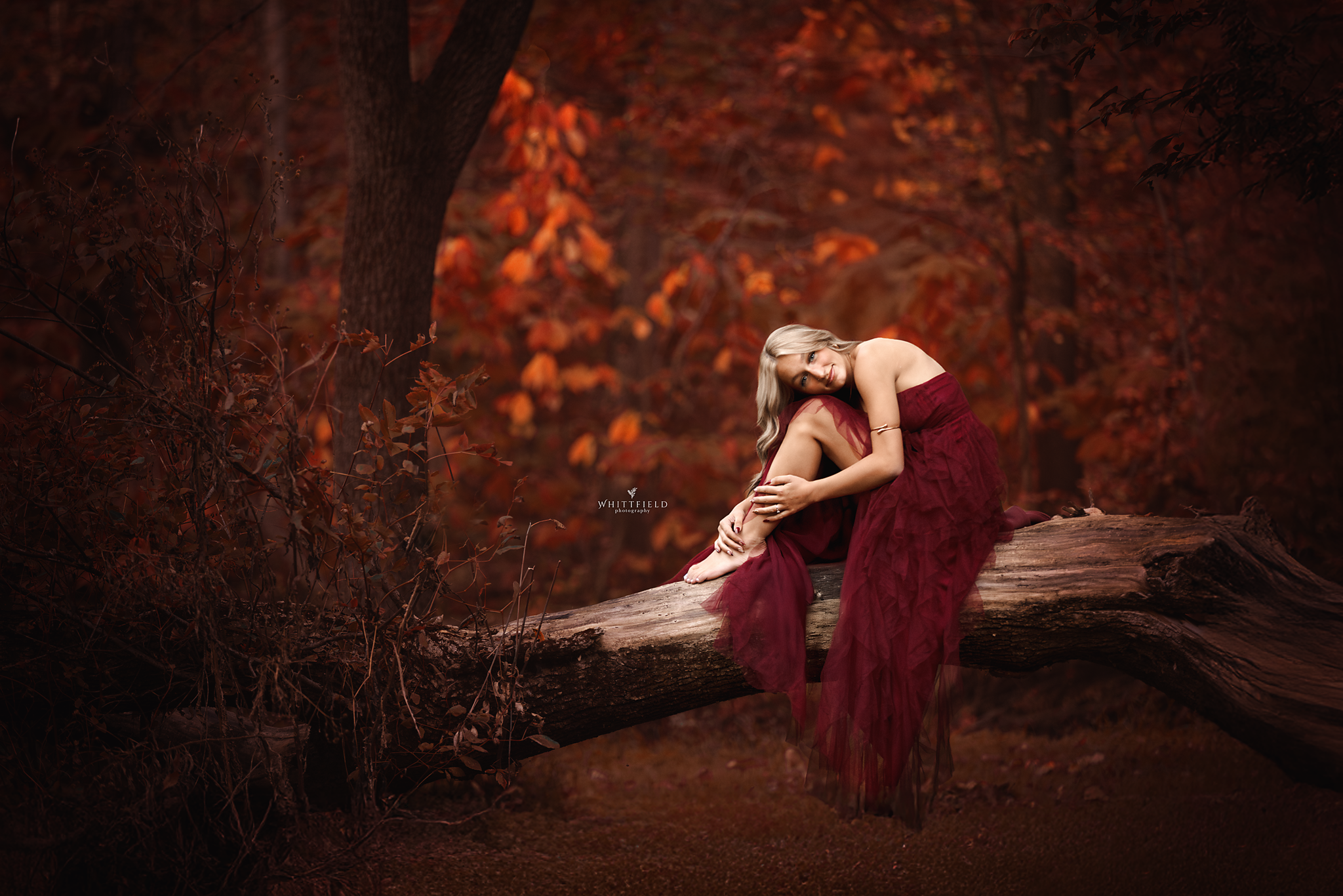 A woman with long blonde hair in a sleeveless maroon dress sitting on a fallen tree trunk in a forest with autumn leaves.