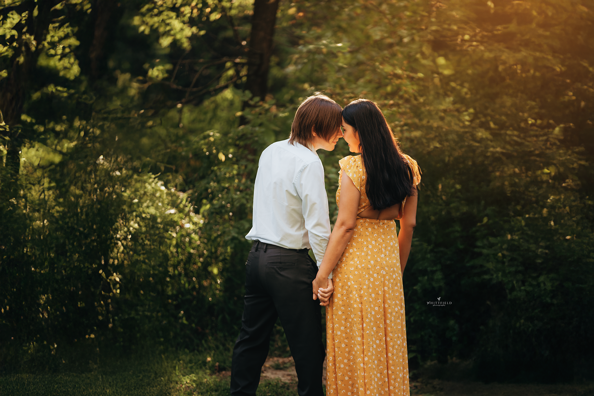 A couple standing close together in a lush green forest with sunlight filtering through trees, their foreheads touching and holding hands.