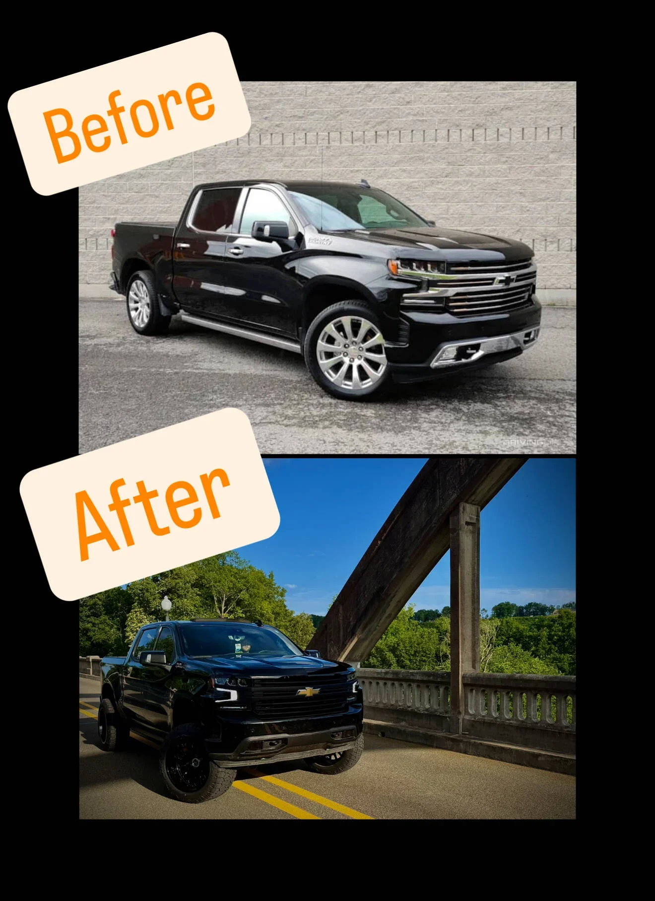 Side-by-side comparison of a black Chevrolet Silverado truck before and after modifications. The 'Before' image shows a stock pickup truck, and the 'After' image shows a customized version with larger tires, a lifted suspension, and matte black accen