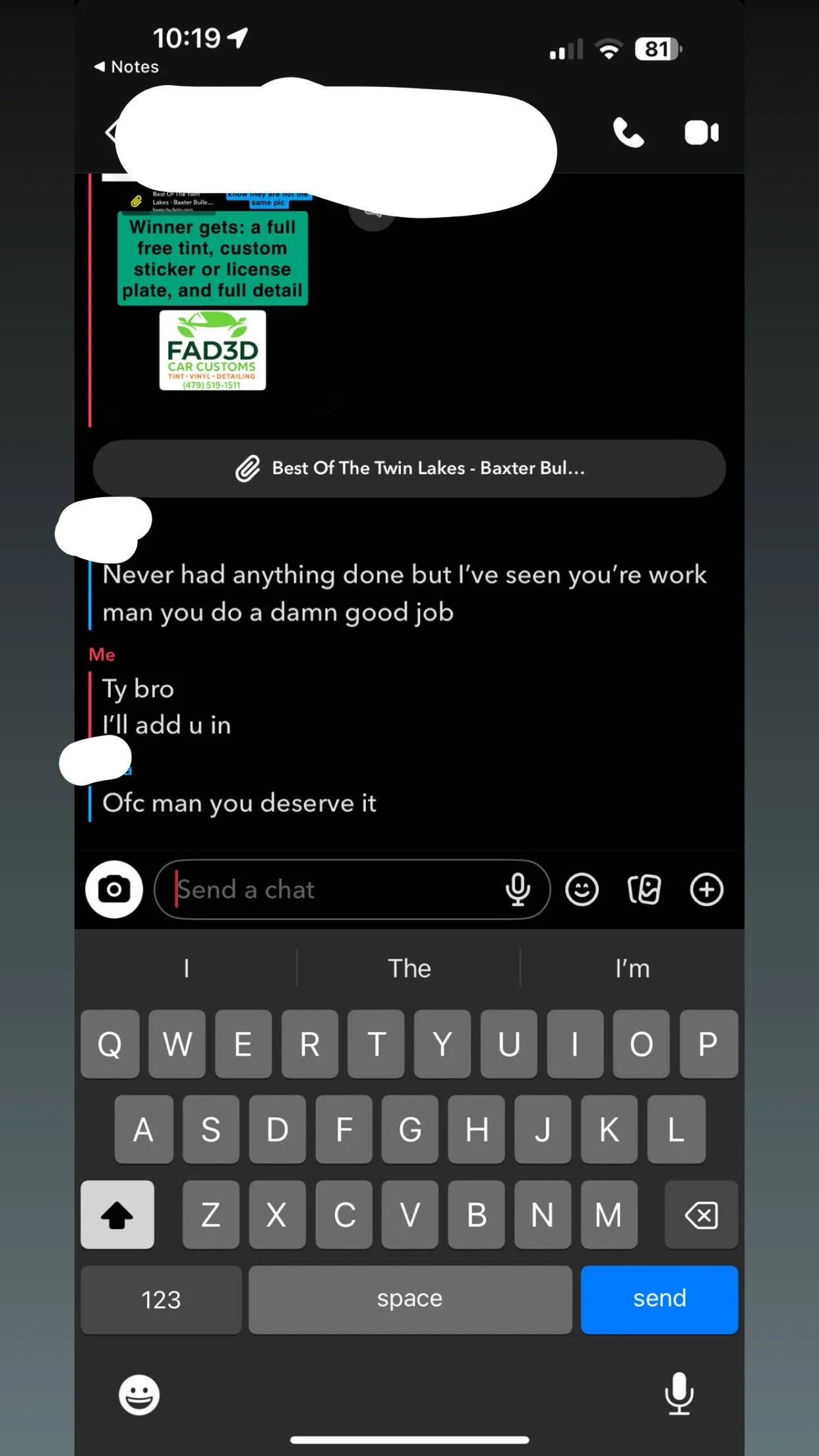 A screenshot of a text message conversation on a smartphone. The conversation includes a positive comment about someone's work, followed by a supportive reply.