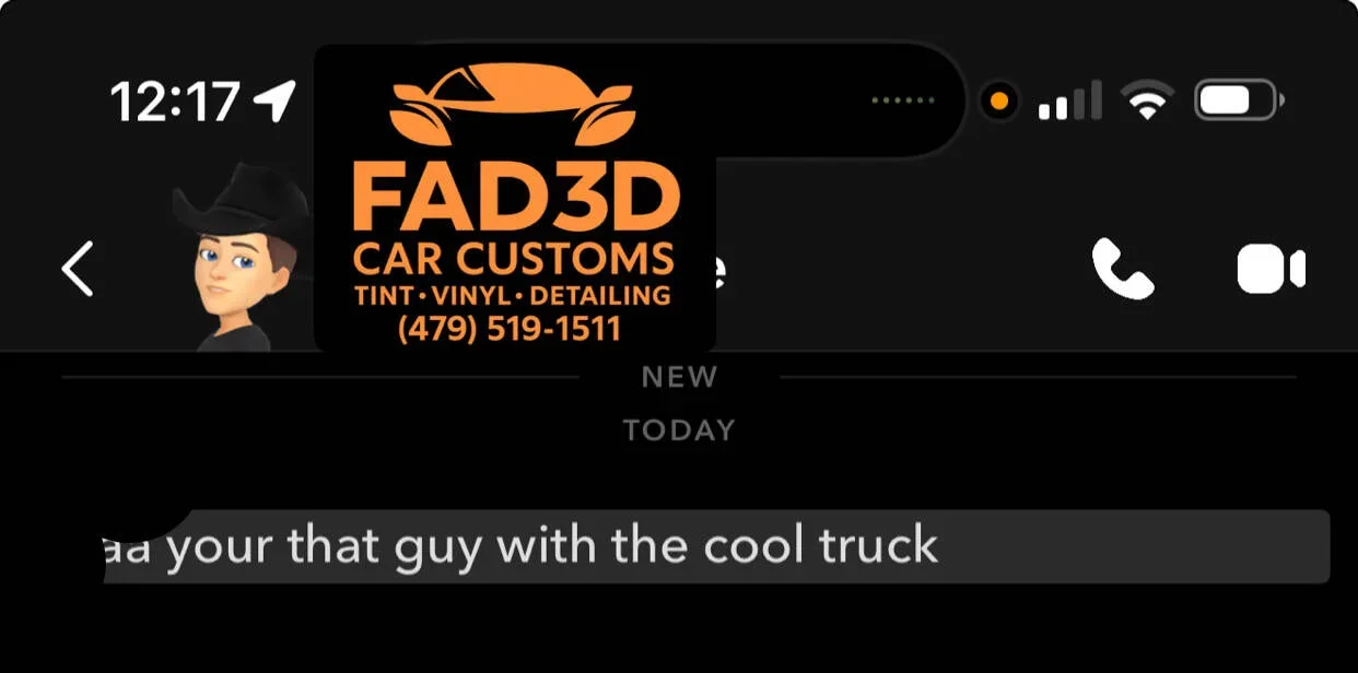 Text message conversation with a logo for FAD3D Car Customs at the top, showing services like tint, vinyl, detailing, and a phone number, with a partial text message visible in the chat.