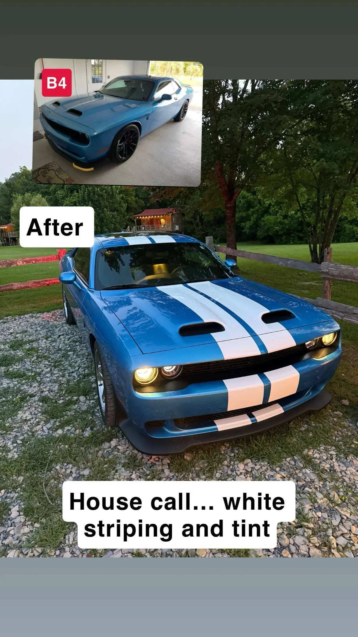 A blue Dodge Challenger with white racing stripes parked outdoors on a gravel area, with a background of grass, trees, and a wooden fence. The car has a black front splitter, hood vents, and yellow headlights. An inset shows the car before the custom