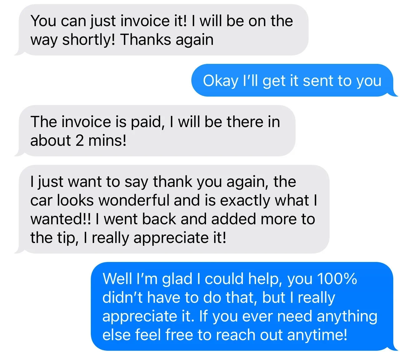 Digital text message conversation about invoicing, payment, and appreciation.