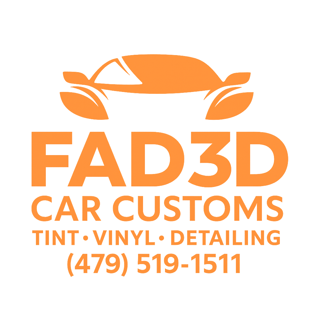 Logo for FAD3D Car Customs featuring a stylized outline of a sports car in orange above the text 'FAD3D' and 'Car Customs' with services listed as 'Tint, Vinyl, Detailing' and the phone number (479) 519-1511.