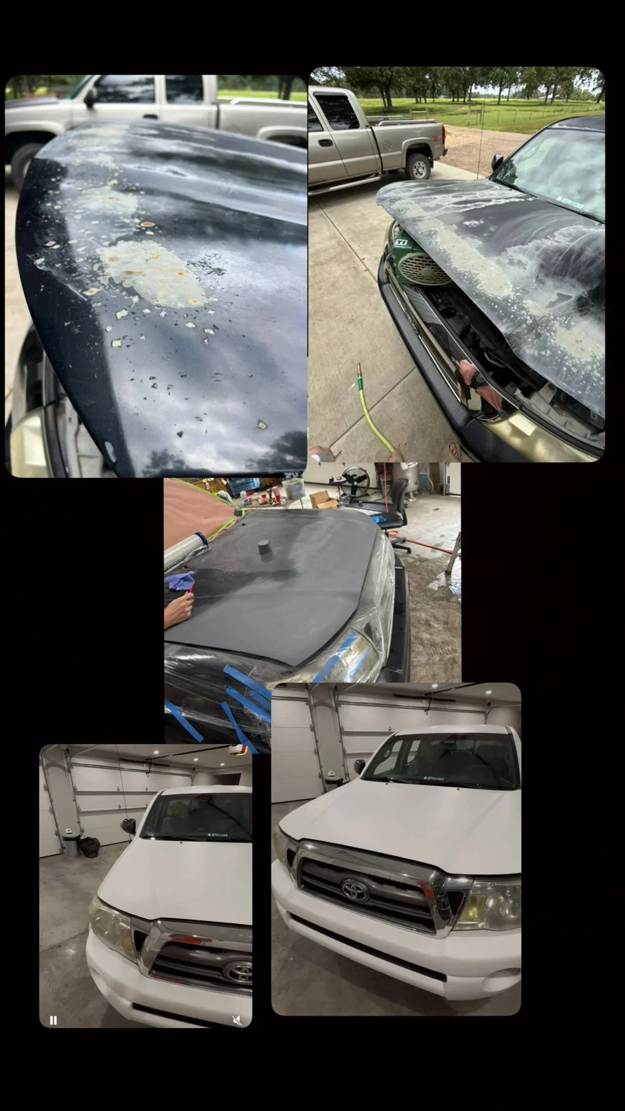 Sequence of images showing car hood restoration process. The first two images feature a black car hood with paint damage, the third shows a matte black primed hood, and the last two display a white, fully cleaned and restored Toyota truck.