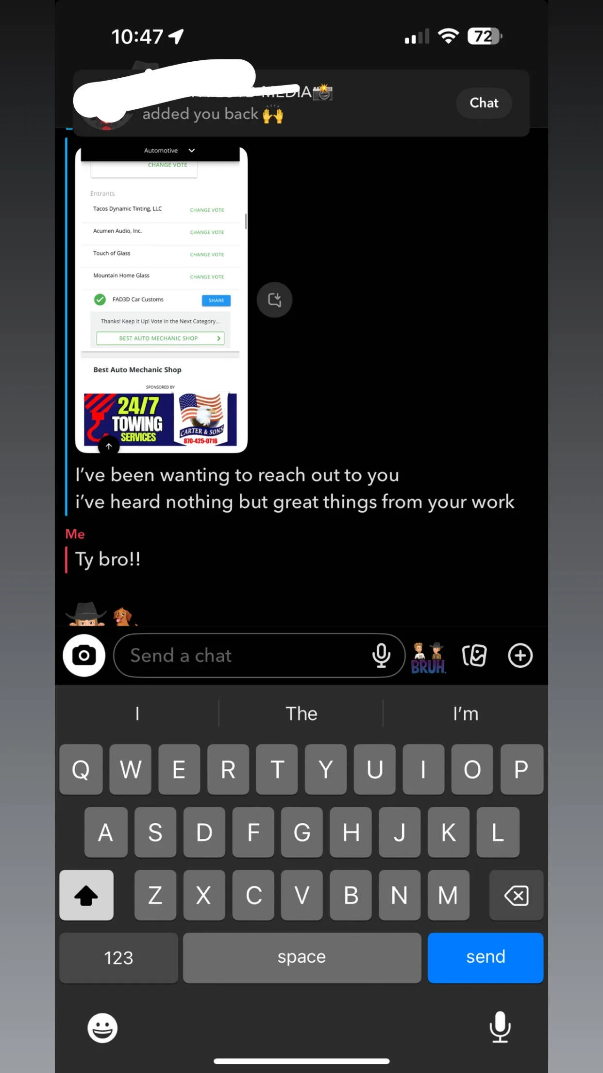 Screenshot of a chat conversation between two people, with one sharing a screenshot of a webpage, showing a page with auto mechanic shop advertisements and options to change votes, and the other replying with "Ty bro!!"