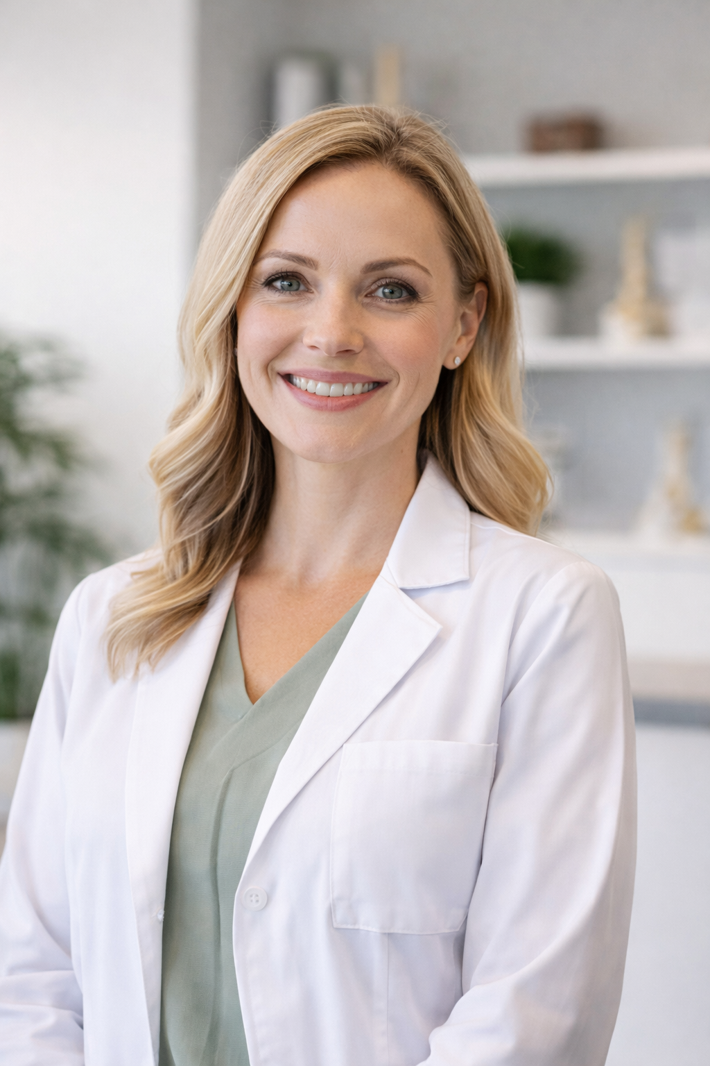 A woman in a white lab coat with blonde hair and blue eyes smiling at the camera in a professional setting.