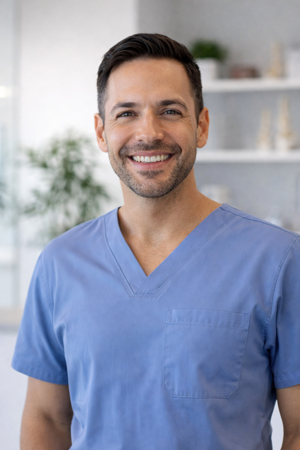 A smiling man in light blue scrubs standing in a bright, modern medical or dental office with shelves and a plant in the background.