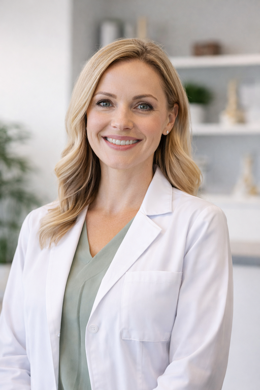 A woman in a white lab coat with blonde hair and blue eyes smiling at the camera in a professional setting.