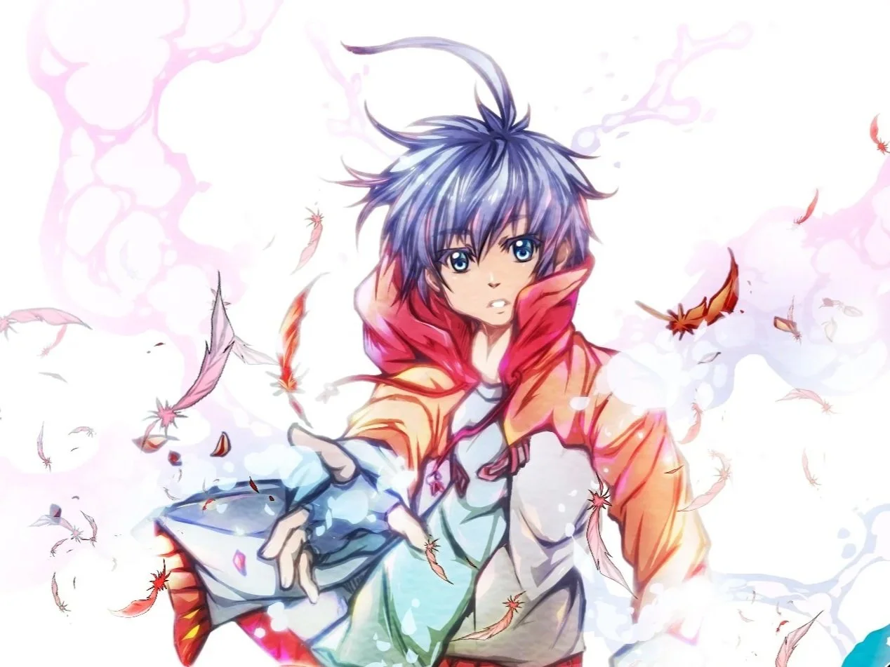Anime-style young male character with spiky blue hair and blue eyes, reaching forward with a serious expression, surrounded by floating feathers and pinkish clouds.