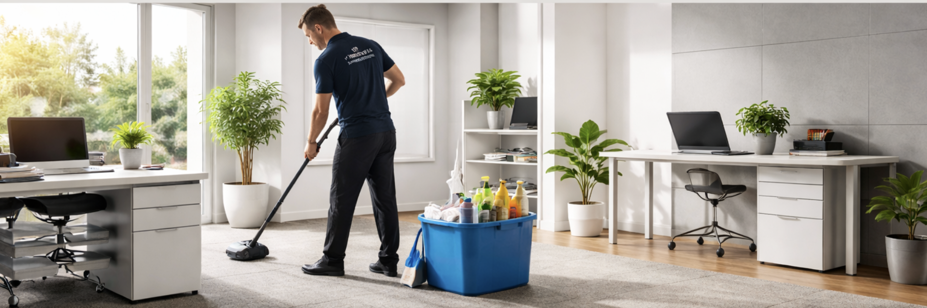 A man cleaning an office with a vacuum cleaner, surrounded by desks, computers, potted plants, and cleaning supplies, in a bright, modern office space.